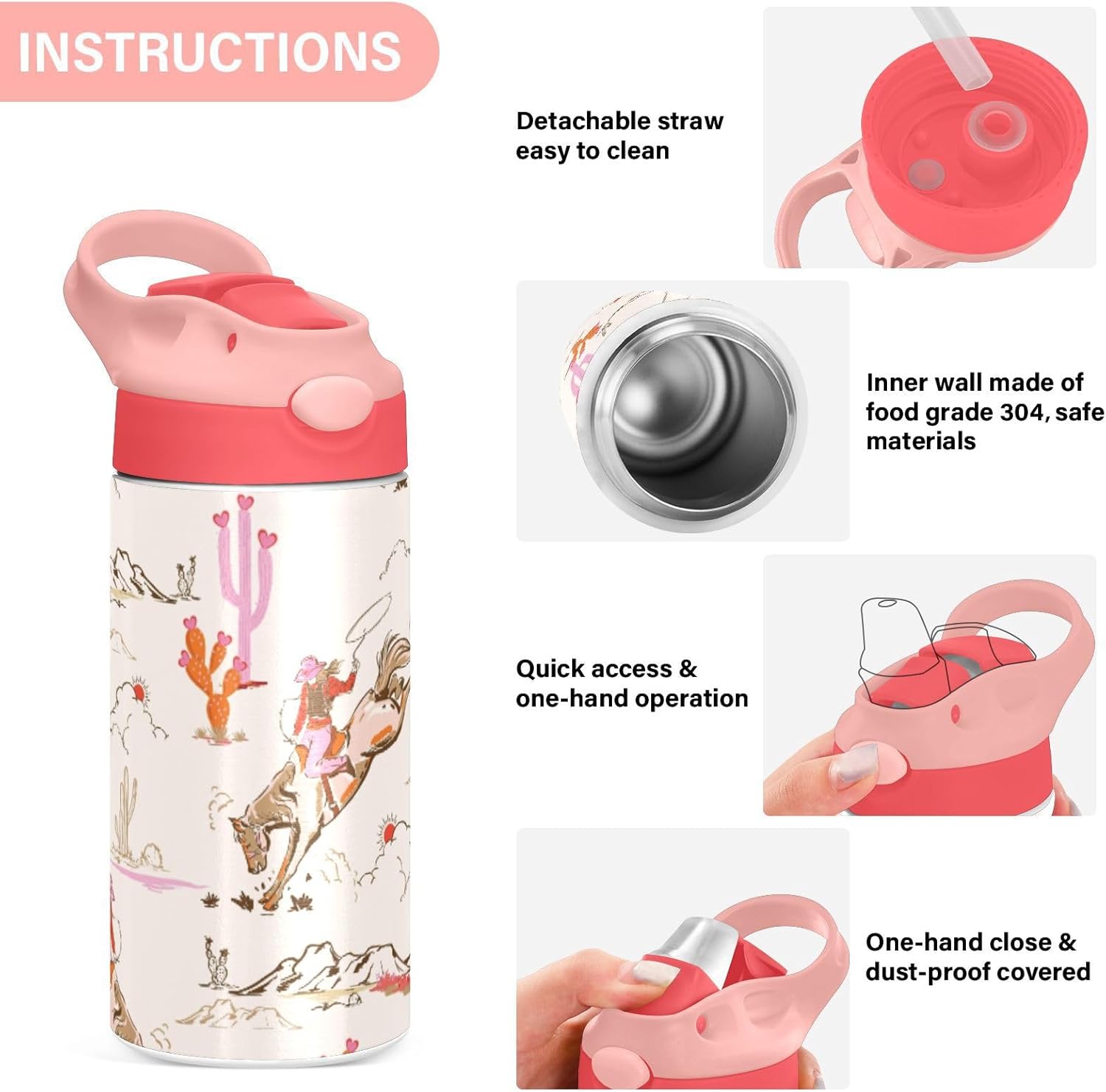 Cute Rodeo Cowgirl Kids Water Bottle, Insulated Stainless Steel Water Bottles with Straw Lid, 12 oz BPA-Free Leakproof Duck Mouth Tumbler for Boys Girls - Image 5