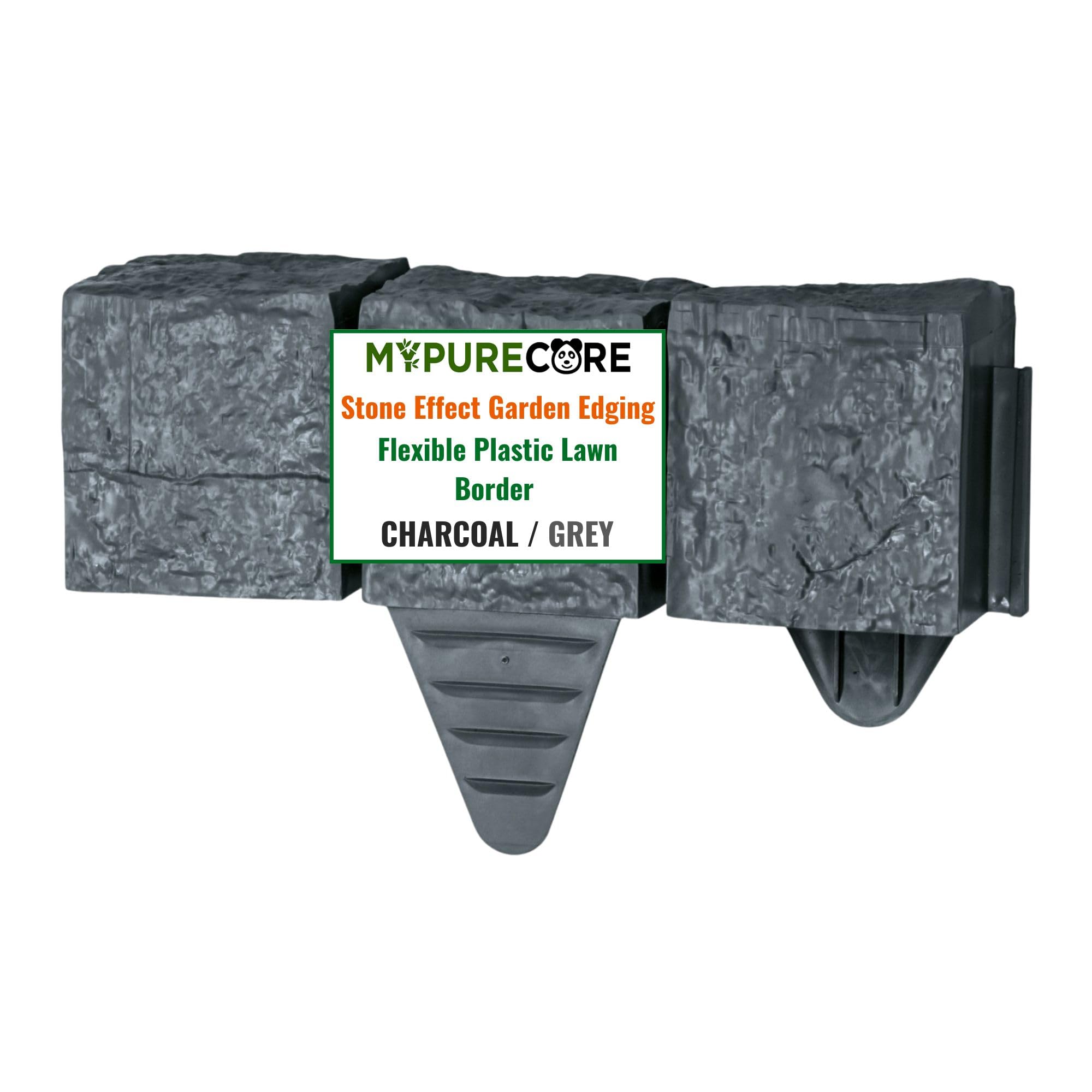 MYPURECORE Stone Effect Garden Edging, Flexible Plastic Lawn Border with Built-in Spikes, Interlocking Granite Style Flower Bed Edging for Lawns, Paths & Patios (Charcoal, 1.1m)