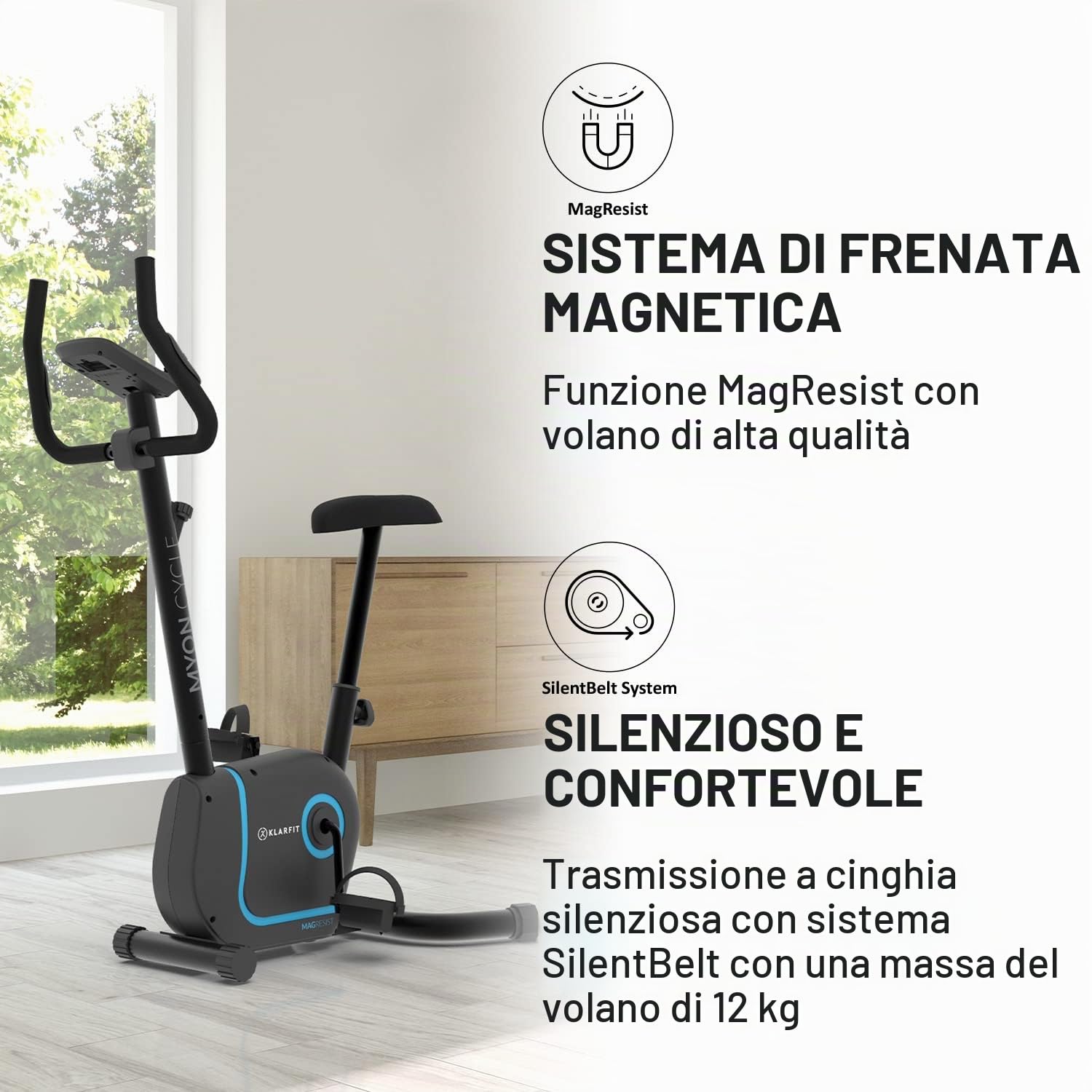 KLAR FIT Myon Cycle - Cyclette, Volano 12 kg, Cyclette da Camera con Trasmissione a Cinghia con SilentBelt, 8 Livelli, Cardiofrequenzimetro, Altezza Sella Regolabile, Supporto Tablet
