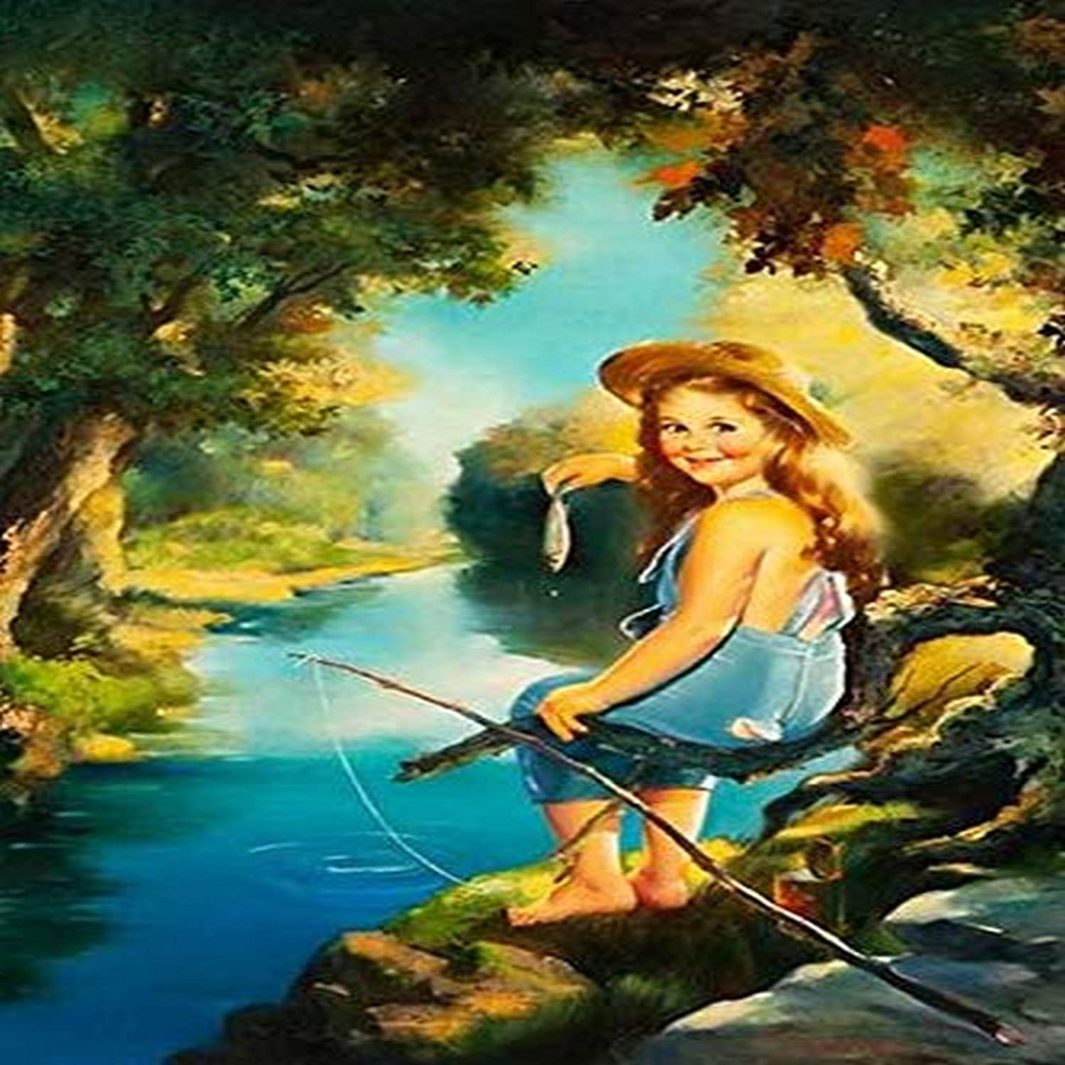 A little girl holds up her catch from an improvised stick fishing pole Poster Print by Maxine Stevens (18 x 24)