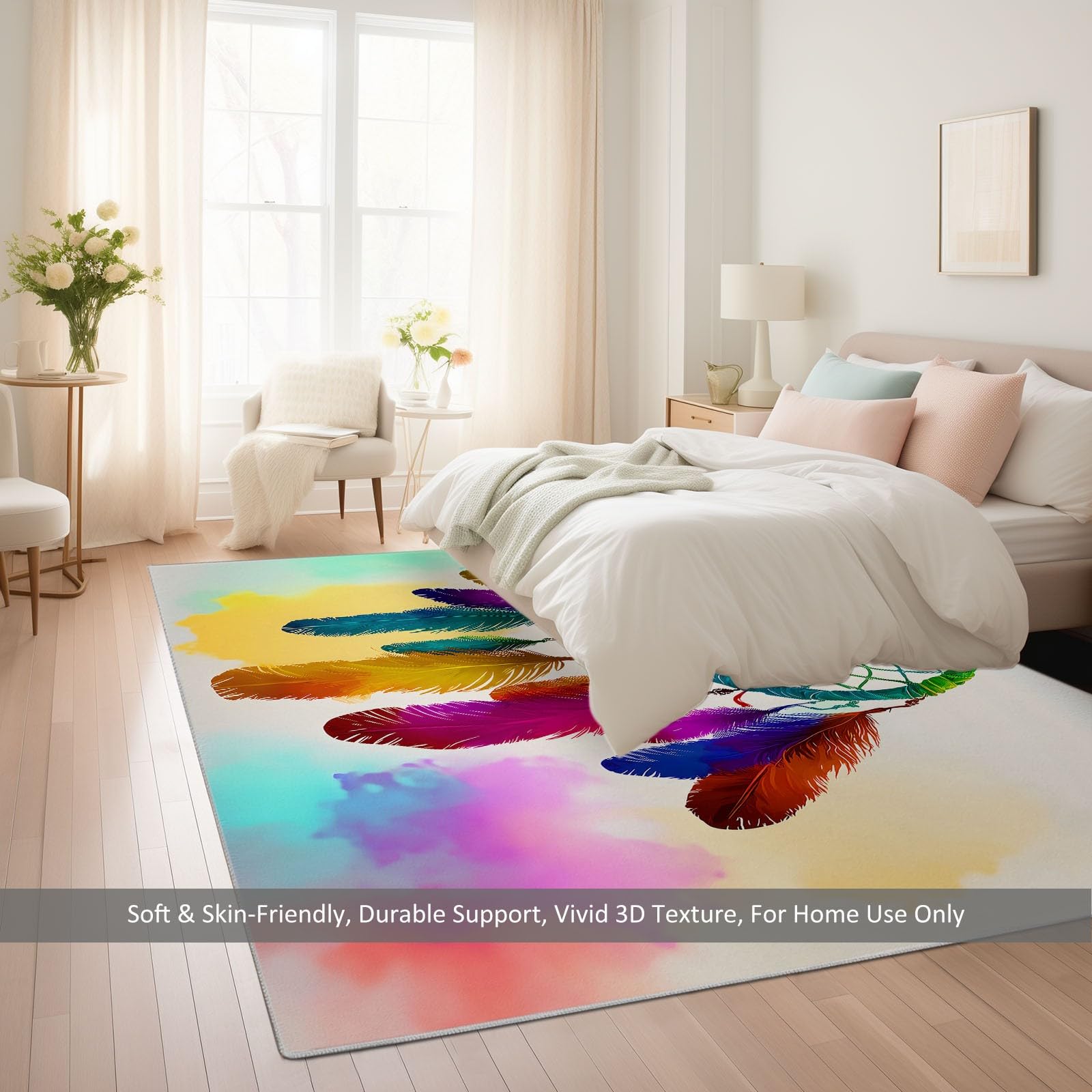 Waschbarer Wohnzimmer Teppich 80 x 150 cm, Traumhafter Kurzflor Teppich Schlafzimmer - Traumfänger Regenbogenfarben Federn Weicher Teppichläufer mit Rutschfester Rückseite für Esszimmer Büro