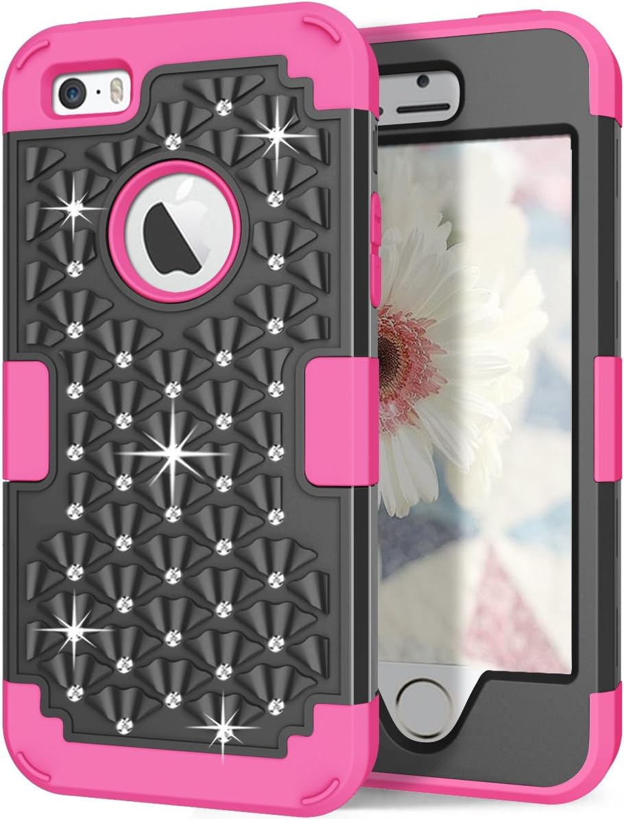 Hocase iPhone 5s Cute Case with Sparkly Glitter Bling Rhinestones Hybrid Dual Layer Protective Hard Back Cover+Silicone Bumper for Apple iPhone 5/5s/SE - Black/Deep Pink