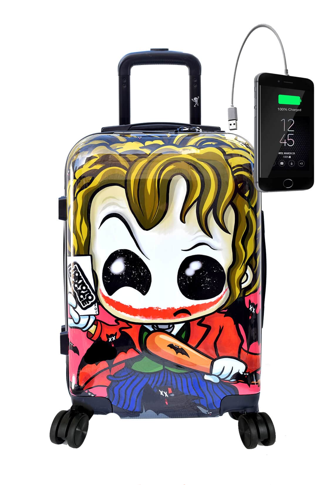 TOKYOTO Maleta de Cabina Equipaje de Mano Joker Cargador USB 8000mAh 55x40x20 cm | Maleta Divertida Juvenil Infantil Niños Niñas, Trolley Ryanair Easyjet | Maleta de Viaje Rígida Solo Maleta