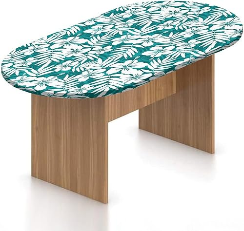 Mantel ovalado ajustable para patio, mantel de poliéster elástico con hojas, estampado de flores exóticas hawaianas abstractas de hibisco y hojas de