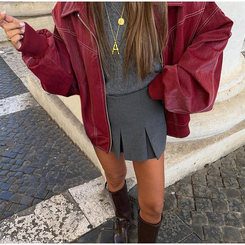 utcoco Women's Faux Leather Motorcycle Jacket Oversized Zip Up Winter Coat Outerwear 2025 Fall Fashion Clothes - Image 2