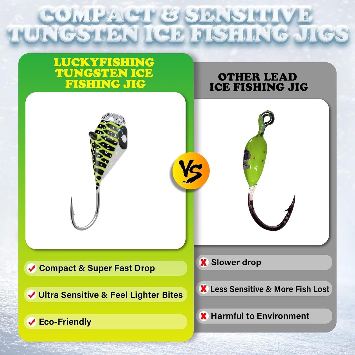 LUCKYFISHING Tungsten Ice Fishing Jigs 20pcs/60pcs Ice Fishing Lures Glow in Dark 1/15oz(1.9g) Crappie Lures for Panfish Walleye Crappie Fishing Gift