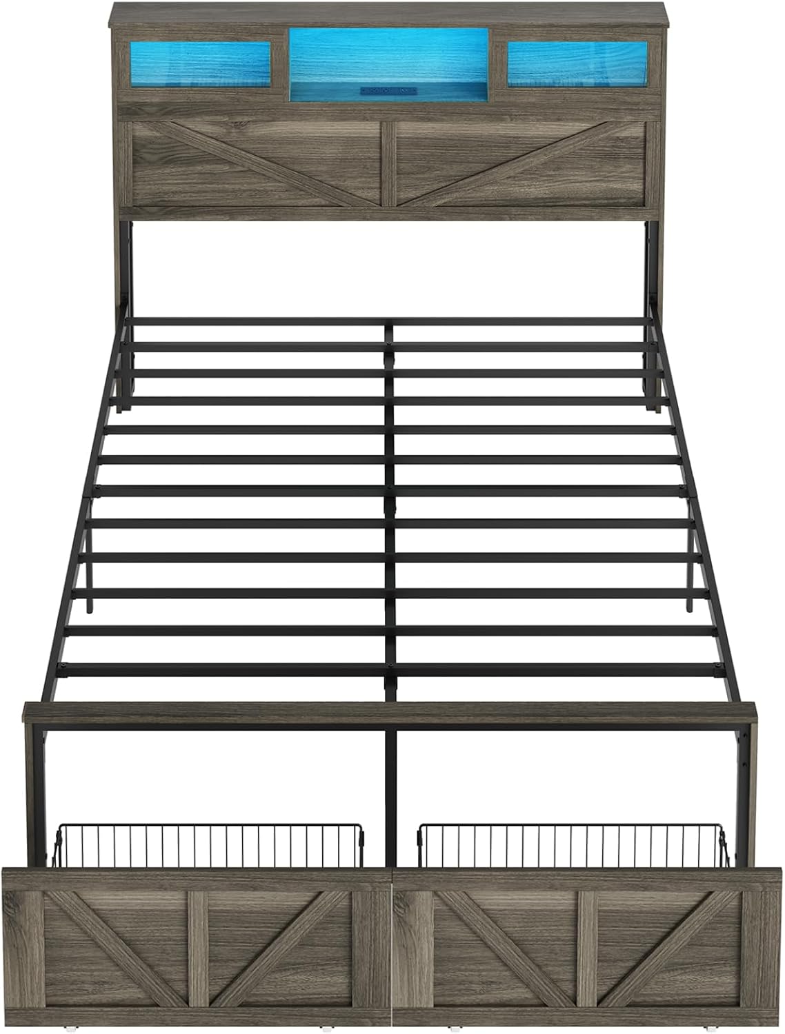 Yoobure Full Size Bed Frame with Headboard, Full Bed Frame with Charging Station, LED Beds with 2 Storage Drawers, Wood Farmhouse Bedframe, Noise-Free and No Box Spring Needed, Grey