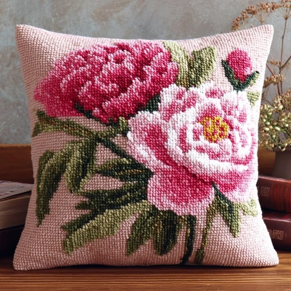 Axiangzik F Latch Hook Pillow Kit Pink Peony 43X43cm