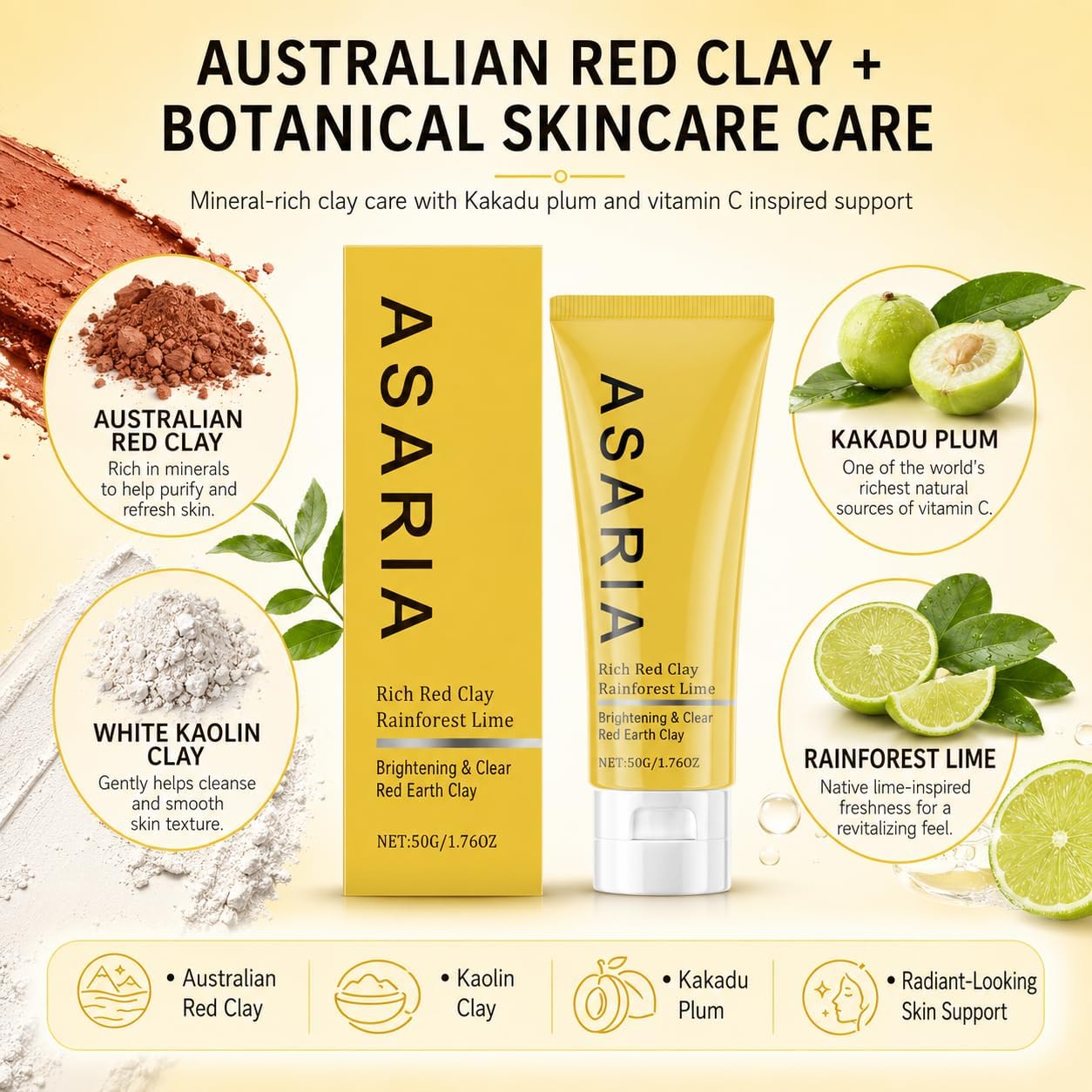 Official Asaria Australian Red Clay Mask, Deep Cleansing Kaolin Clay Face Mask with Kakadu Plum & Vitamin C, Pore Care Oil Control Facial Mask for Smooth-Looking Skin, Mineral Clay Treatment