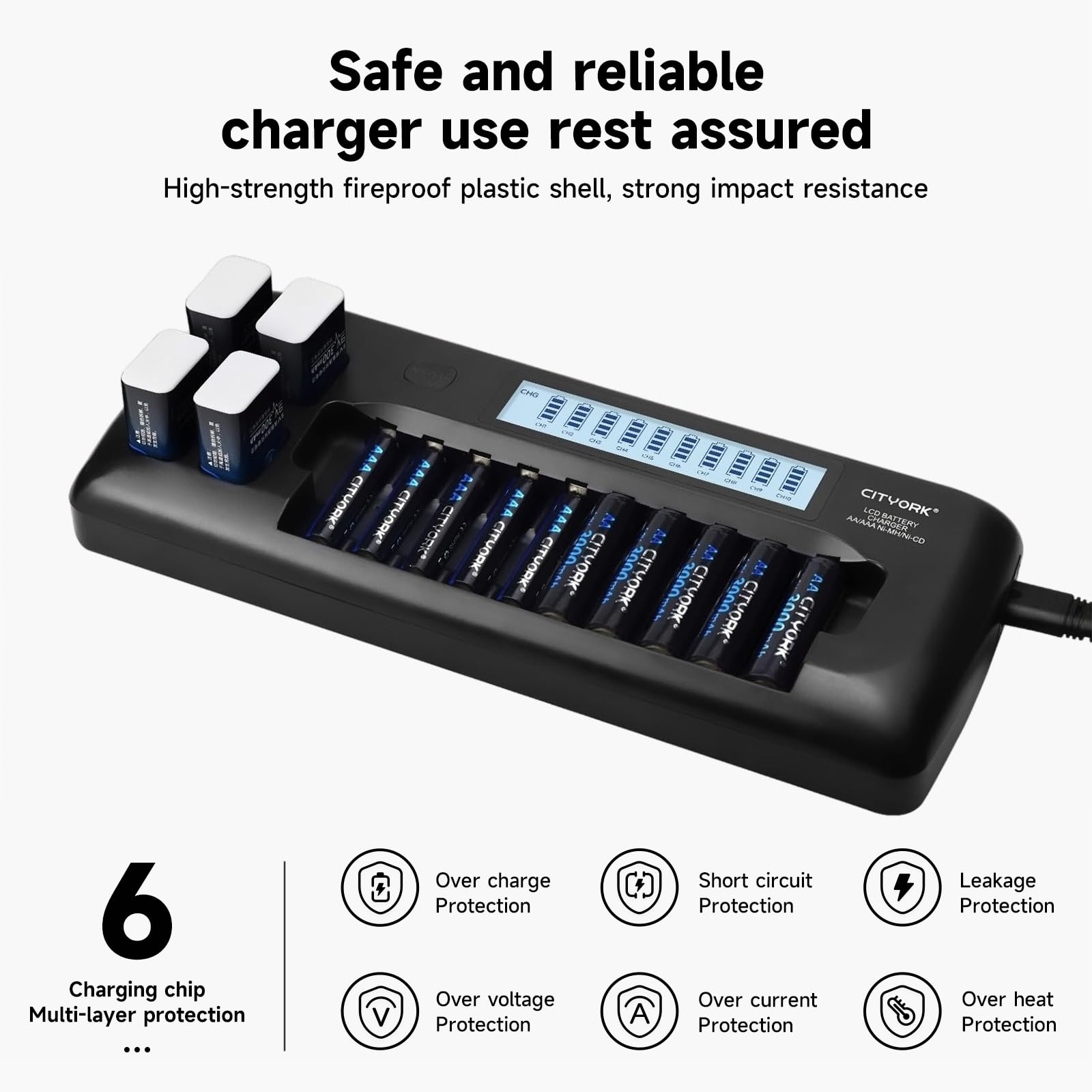 CITYORK Chargeur de batterie universel LCD intelligent 10 + 4 baies pour piles rechargeables AA AAA NIMH/NICD et 9 V NIMH/NICD/Lion rechargeables, charge rapide