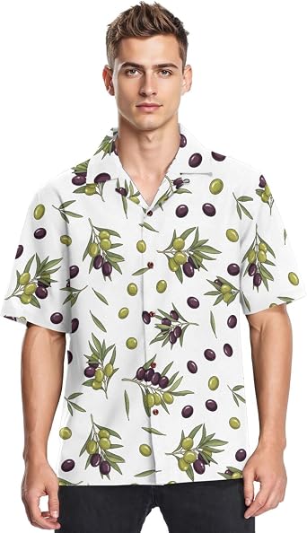 Men Short Sleeve Shirts Olive Branch Print Button Down Shirt - Lightweight & Breath Hawaiian Shirt
