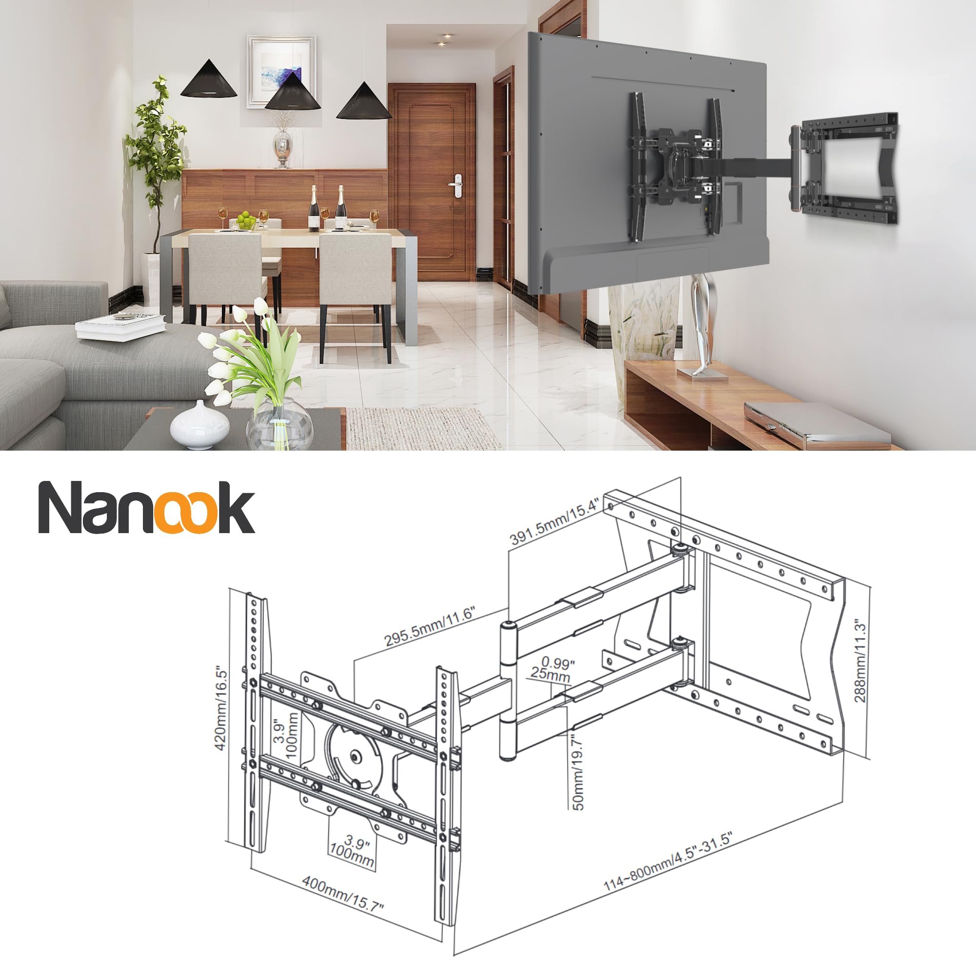 Nanook Long 2080 Langarm TV-Wandhalterung 32-75 Zoll, 80 cm Auszug, 60 kg | Extrem Robuste Konstruktion, Extra-Lange Arme Für Maximalen Schwenkbereich (180°) Und Große Reichweite, Max. VESA 400x400