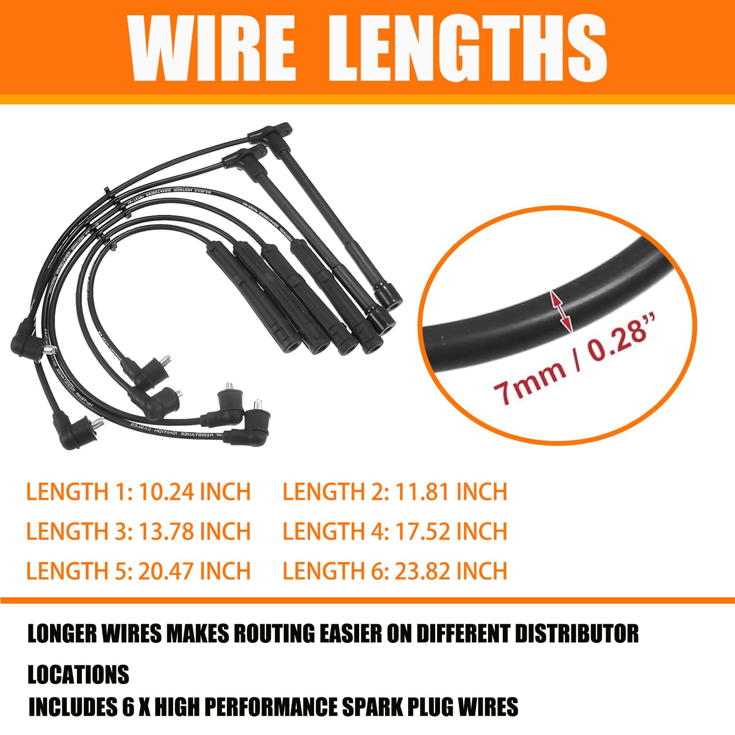 High Performance Spark Plug Wires for 1996-2003 Nissan Frontier Pathfinder Xterra 3.3L VG33E, No. 224500W025, 224404S127 （Heat Resistant Silicone Spark Plug Wires Set of 6）