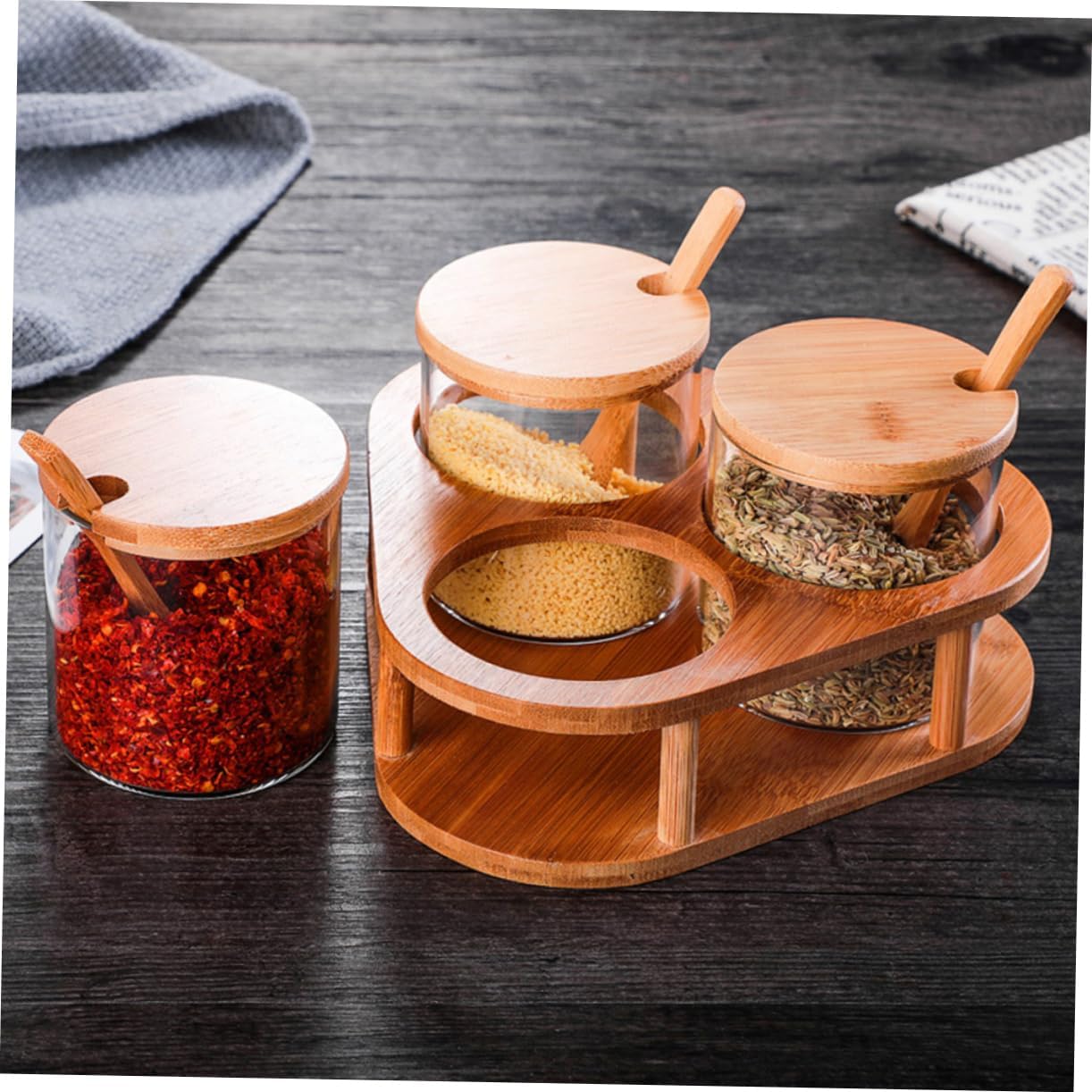 PRETYZOOM Glass Seasoning Jars Set Condiment Pot Bamboo Spoon and Lid Kitchen Seasoning Organize Kit