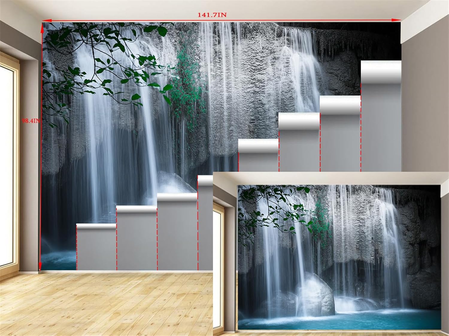 FLFK Flowing Waterfall Landscape Self-Adhesive Wallpaper 141.7"x98.4"-Peel and Stick Wall Murals Large Painting Poster Sticker for Apartment Office Decor