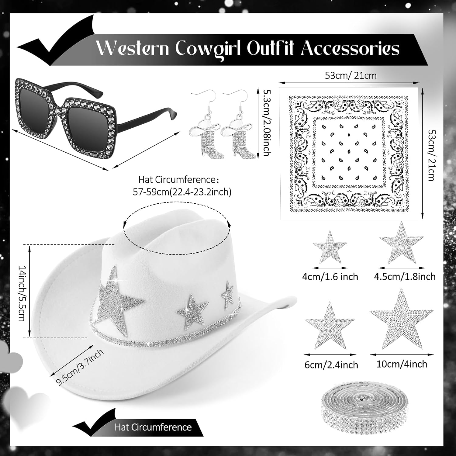 Tiamon Western Costume Accessories for Women Cowgirl Tassels Fringe Vest Cowboy Hat Rhinestone Earrings Glasses Paisley - Image 2