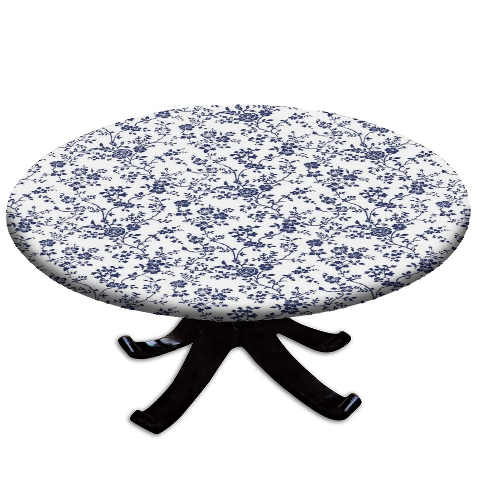 igoga sports Blue Floral Fitted Tablecloth Round with Elastic, Spring Edge Table Cover Pad for Outdoor Picnic Party or Indoor Kitchen Patio Dining Decor Fits Tables Up to 52''-56'' Diameter