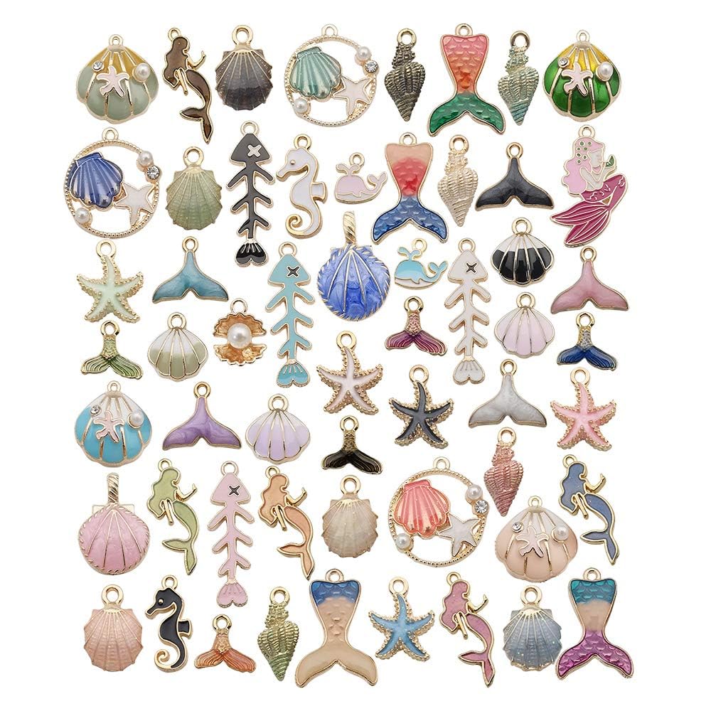 Tazweeq Ocean Charms - 55 Pcs Gold Plated Enamel Mixed Beach Charms for DIY Bracelet, Earring, Necklace