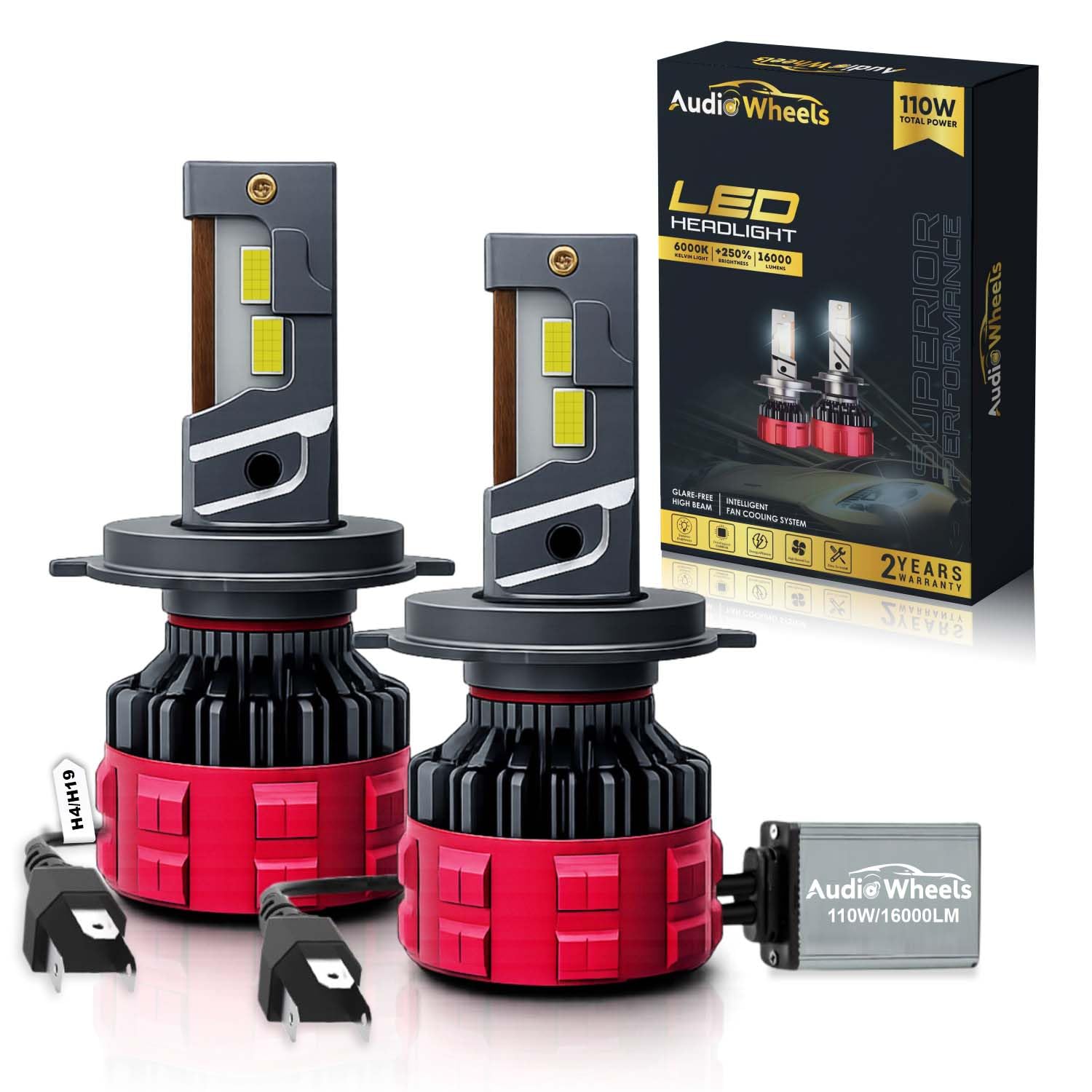 Audio Wheels H4-110W Car Led Headlight Bulbs, 16,000 Lumens Super Bright LED Headlight Conversion Kit for Cars 6000K Cool White Quick Installation Halogen Replacement, Pack of 2 (H4-110W)-picture-2