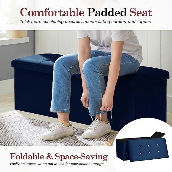 Premium Foldable Ottoman Storage Box with Padded Seat, Multipurpose Ottoman Storage Bench Velvet Footstool for Living Room, Bedroom or Hallway, Storage Box & Seat 76×38× 38cm (Navy Blue)