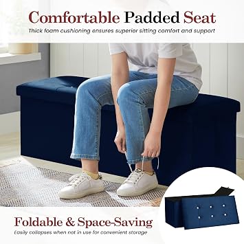 Premium Foldable Ottoman Storage Box with Padded Seat, Multipurpose Ottoman Storage Bench Velvet Footstool for Living Room, Bedroom or Hallway, Storage Box & Seat 76×38× 38cm (Navy Blue)