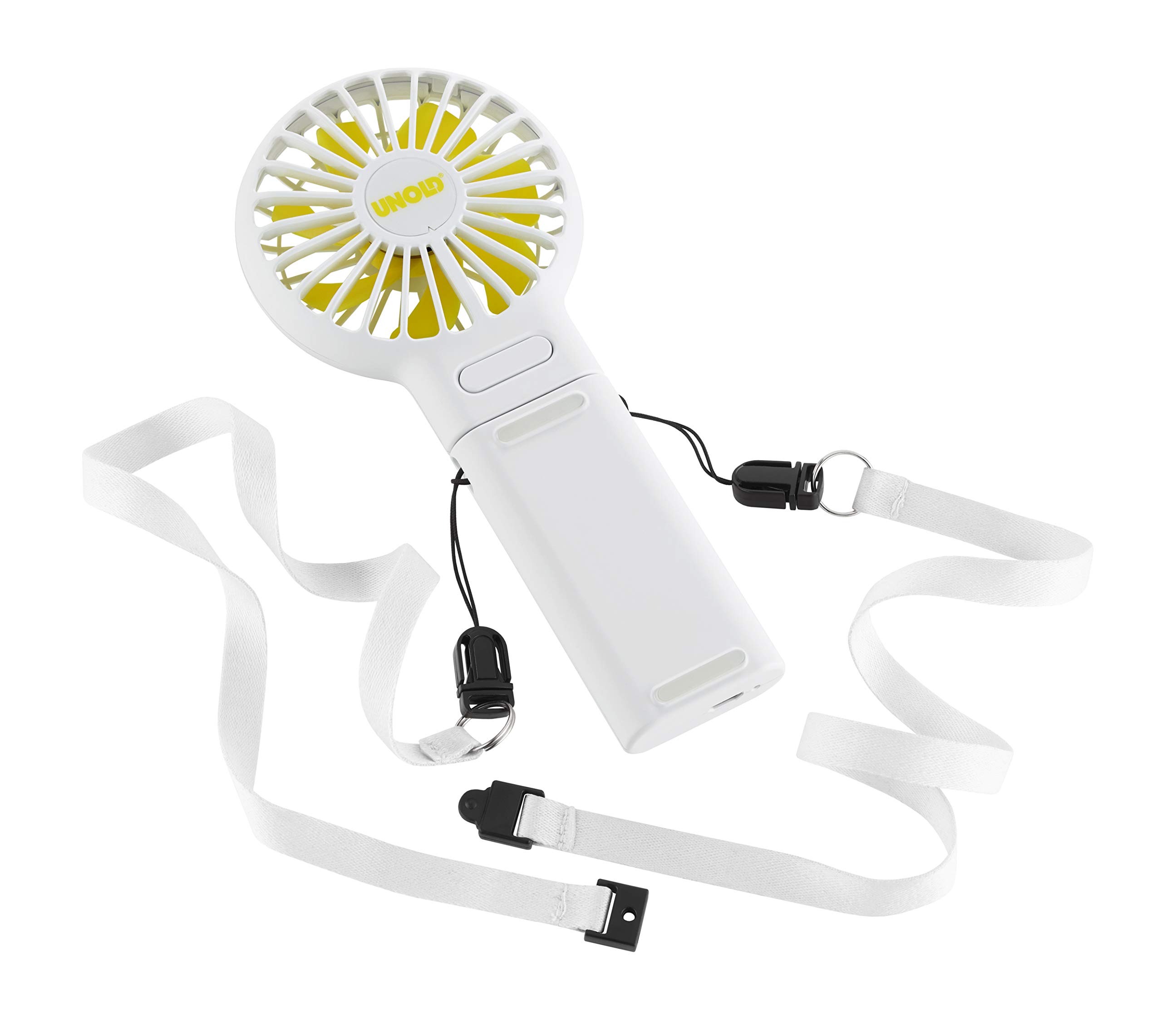 UNOLD Breezy Fold White 86640 Hand Fan with 3 Speed Settings, for Stand or Hanging, Up to 10 Hours Battery Life, White