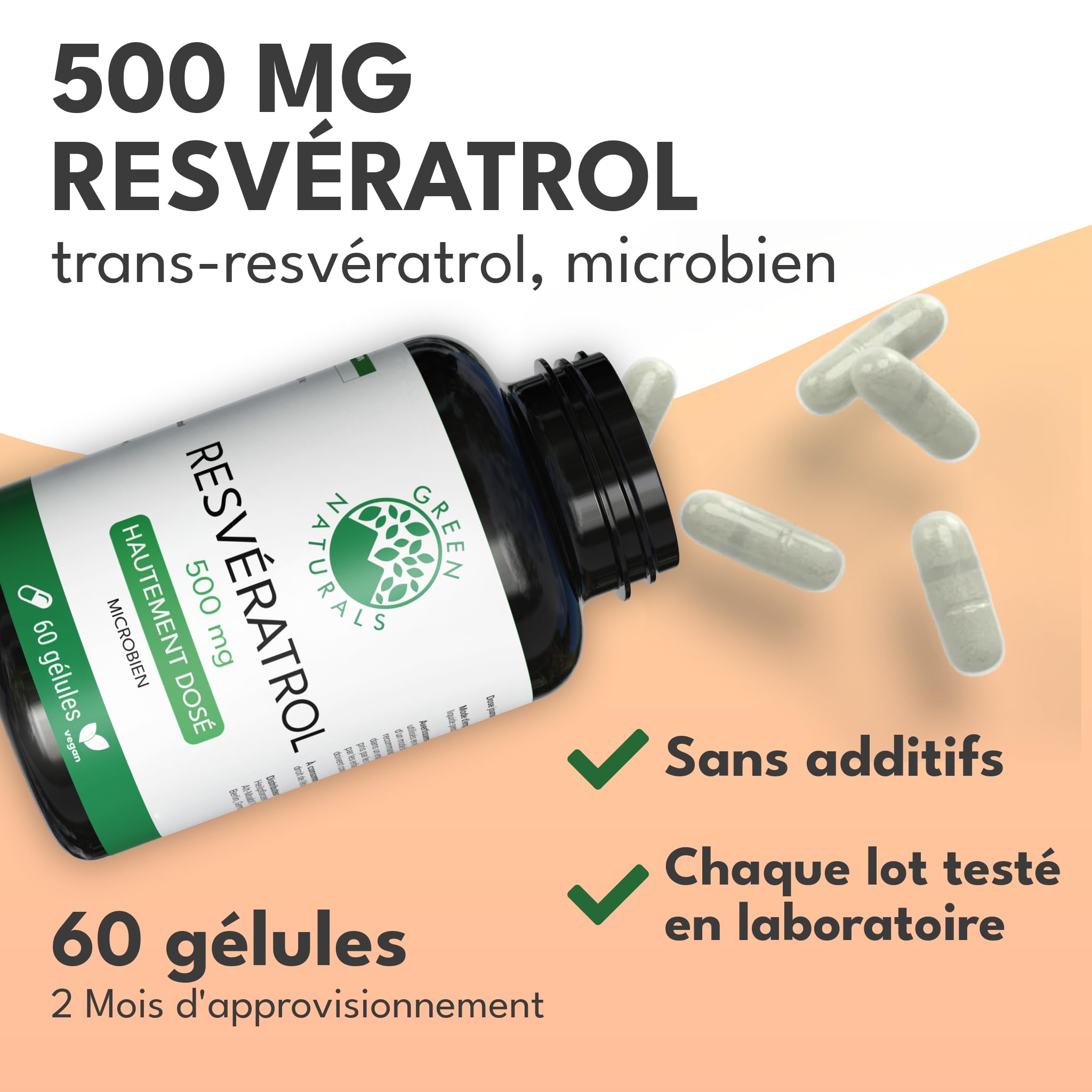 Green Naturals® Trans-Resvératrol 500 mg – Pureté > 98% de trans-resvératrol – Approvisionnement 2 mois – Fabriqué en Allemagne – 100% végétalien & sans additifs – 60 gélules
