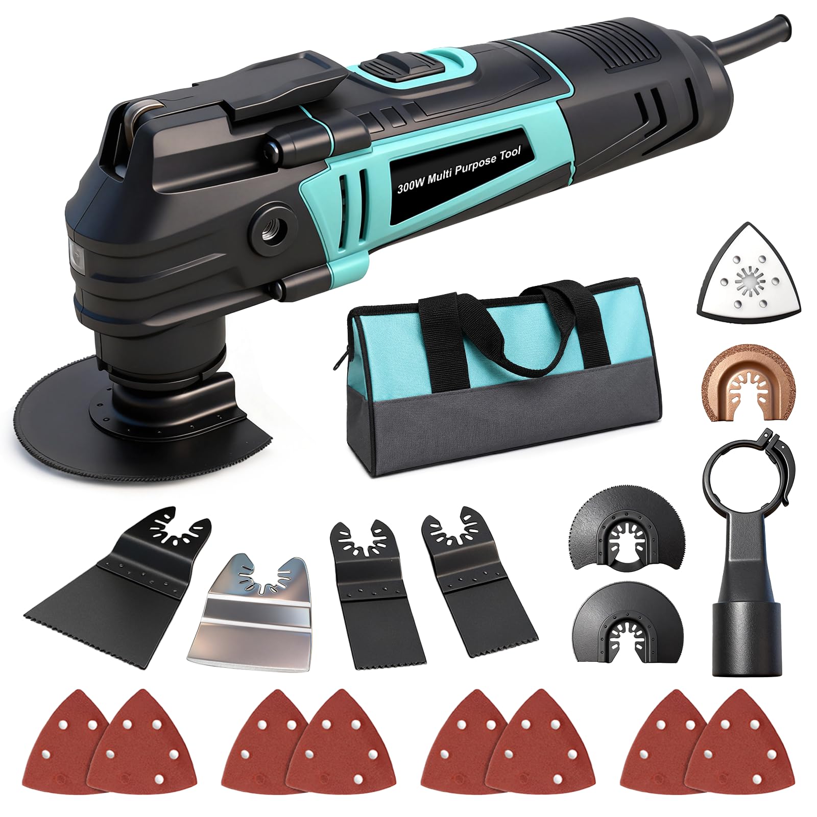 Ecobuild 300W Oscillating Saw Multi-Tool with 6 Variable Speeds, 3.2° Oscillation Angle, Multi-Purpose Cutting Tool with Quick-Change System & 17pc Accessory for Sanding, Scraping, Grouting