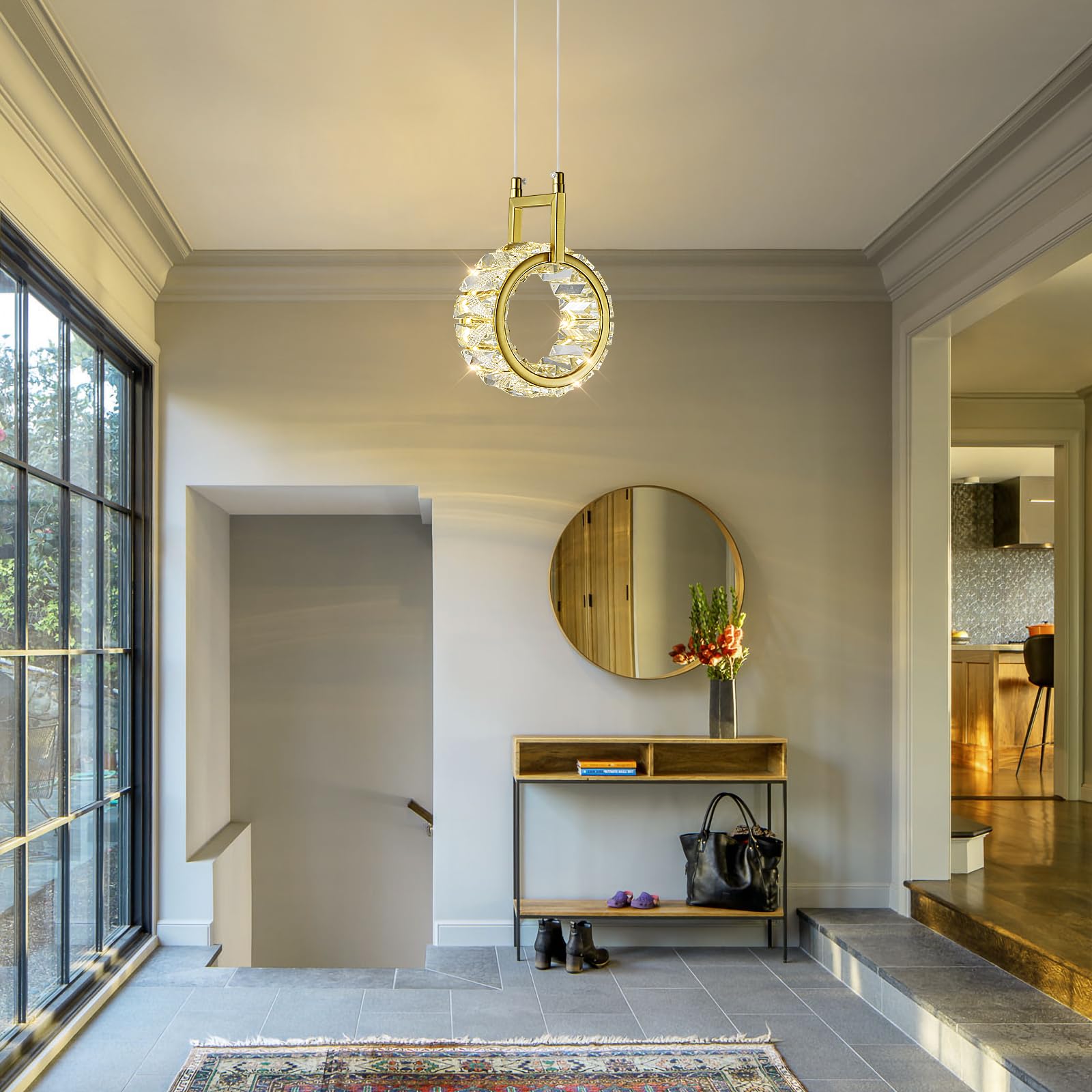 ZPBSJ Kitchen Island Mini Pendant Lights Modern Led Crystal Pendant Light Gold Round Chandelier 12W for Dining Room Living Room Kitchen Bedroom Bar(1-Light) - Image 4