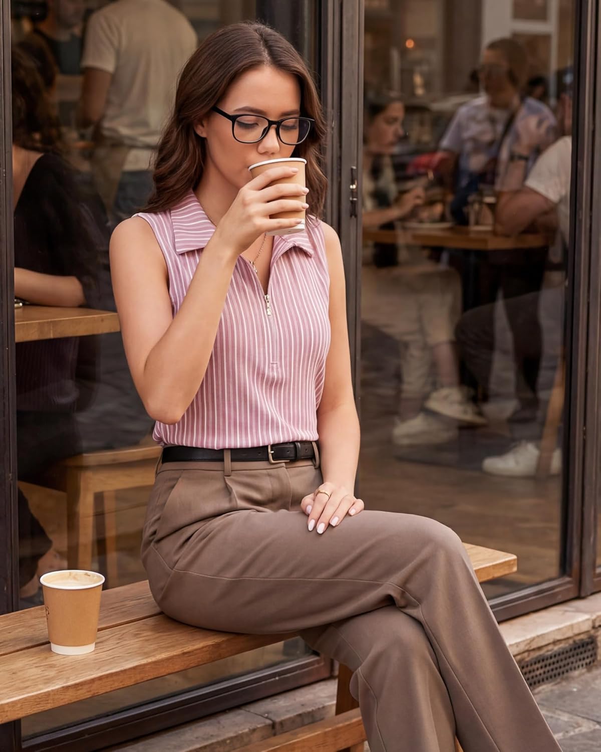 Vivilli Womens Ribbed Tank Top Zipper V Neck Dressy Casual Blouses Sleeveless Camisole Tops Work Tank Polo Shirts - Image 6