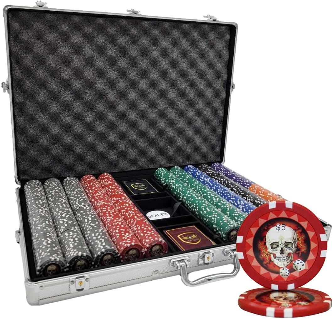New 1000pcs 13.5g Skull Poker Chips Set Aluminum Case Custom Build