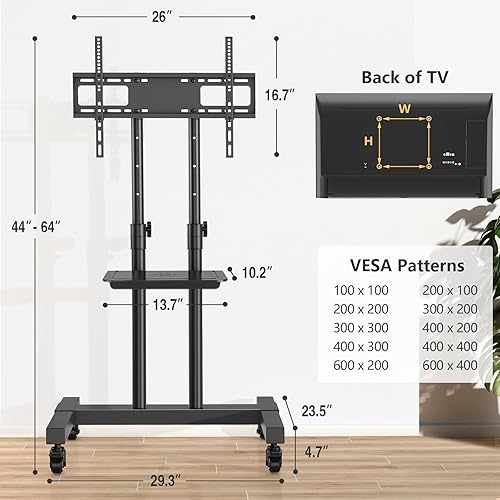 Miniatura 9 de Soporte de TV móvil sobre ruedas para televisores de pantalla planacurvos de 32 a 70 pulgadas, soportes de televisión con ruedas y altura ajustable,