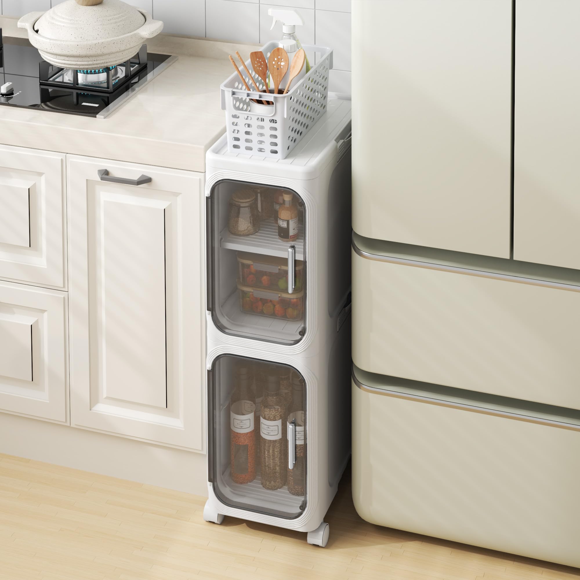 Armoire de Salle de Bain Mince, unité de Rangement Autonome en Plastique avec Porte, Petit Chariot étanche avec roulettes pour Bureau, Salon, Cuisine, entrée (21CM*34CM*67CM, Blanc)