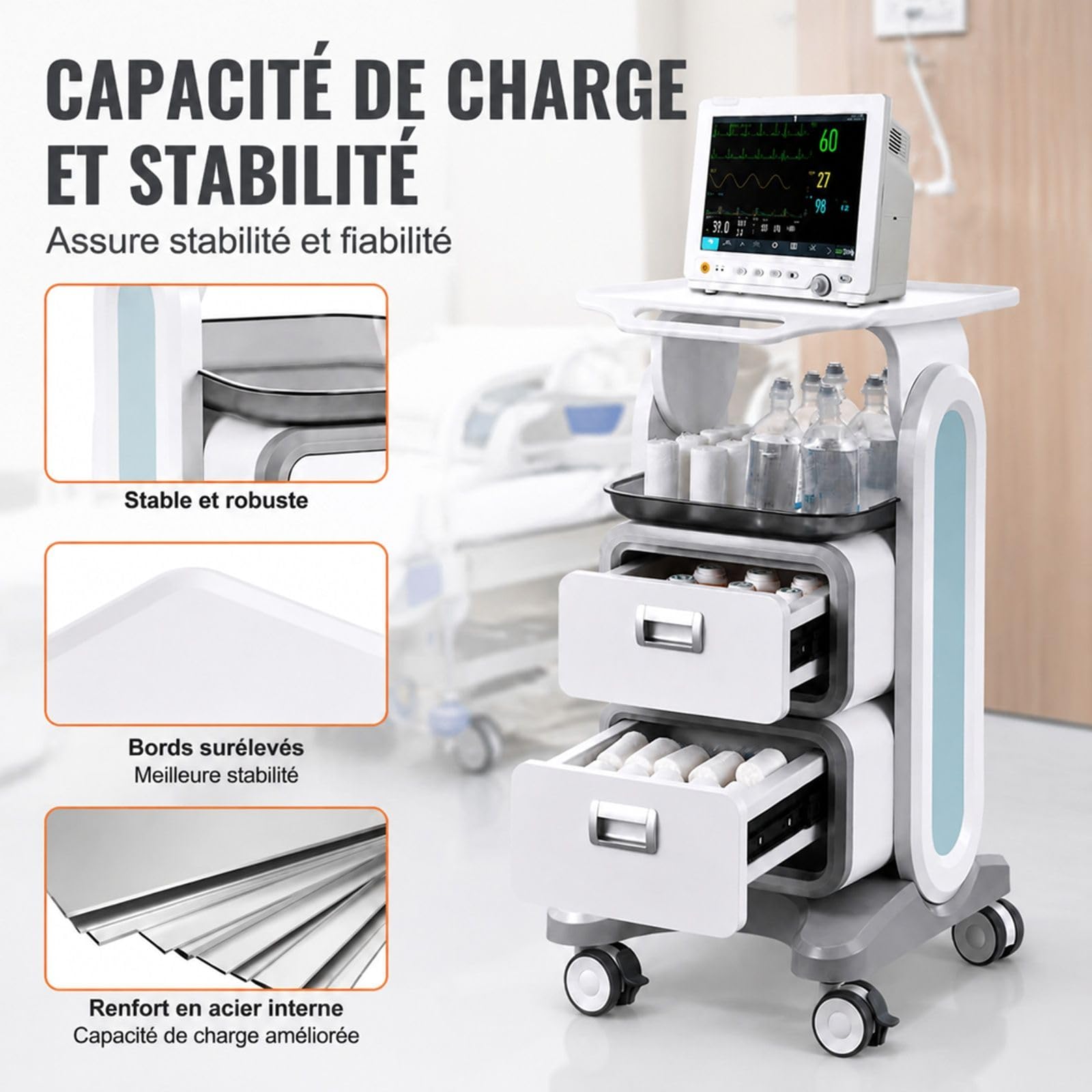 Chariot de Laboratoire à 3 Niveaux avec 2 tiroirs, Blanc, Chariot de Service pour Rangement et Transport