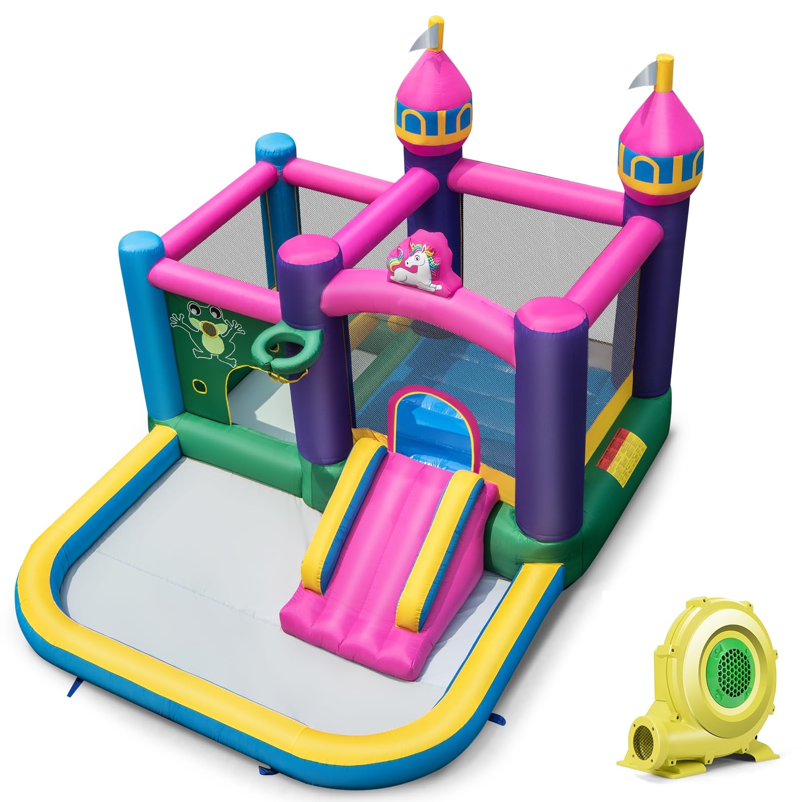 LIFEZEAL Castillo Hinchable para 3 niños de 3 a 10 años, Parque acuático, con Juegos, tobogán, Cama elástica, Cesta, Piscina, para Interior, Exterior, Juego Completo, Motivo Unicornio (con soplador)