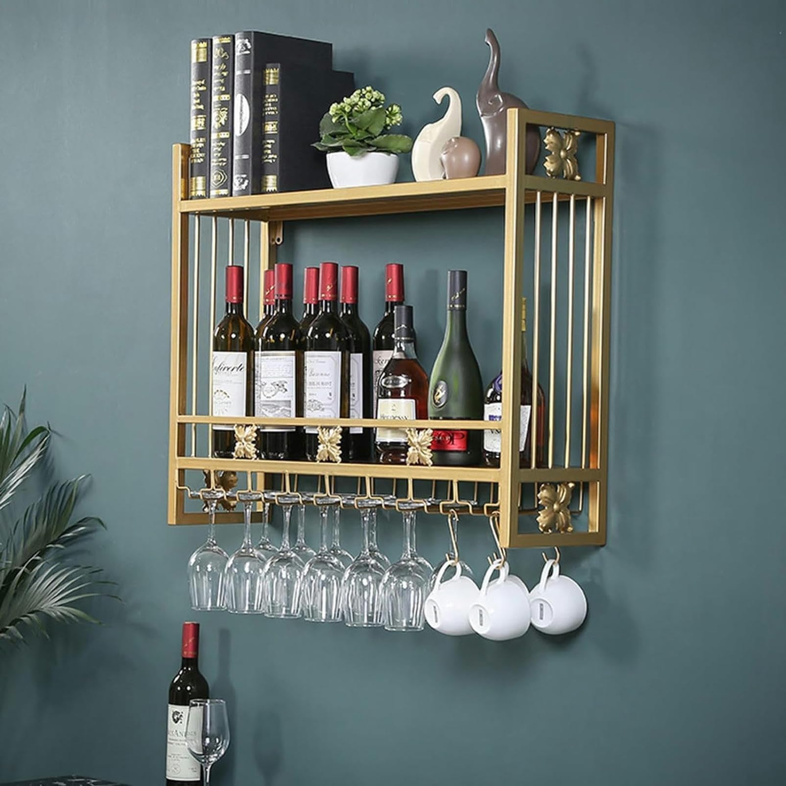 Étagère de rangement murale en métal rustique avec porte-verres suspendu