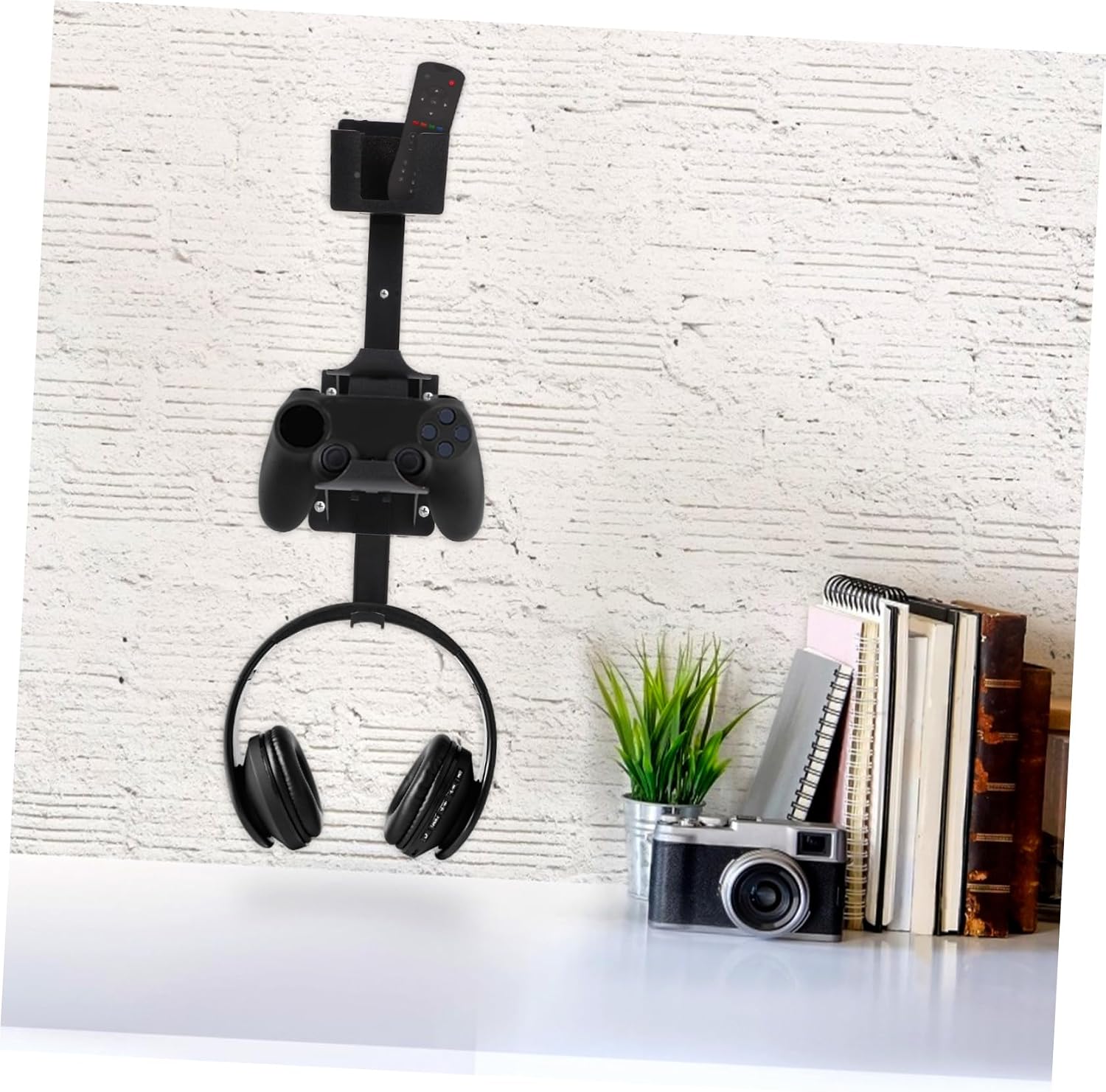 KALLORY Wall Mounted Headset Storage Rack and Gamepad Hanger for Remote Controller and Headphones, Black Abs Material with Safe and Stable Foundation, for Dormitory and Bar Organization
