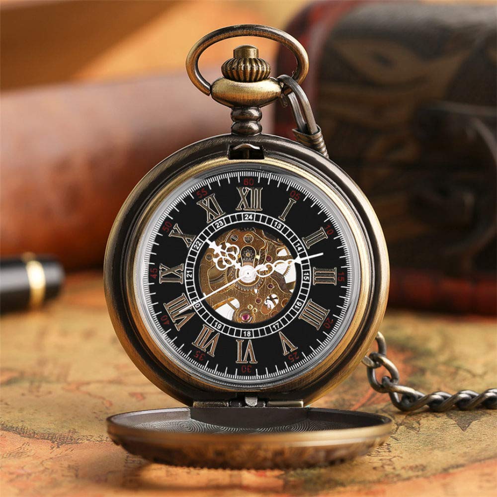 Zegarek kieszonkowy Vintage brązowy przezroczysty wyświetlacz z cyframi rzymskimi mechaniczny zegarek kieszonkowy ręcznie nakręcany zegar retro
