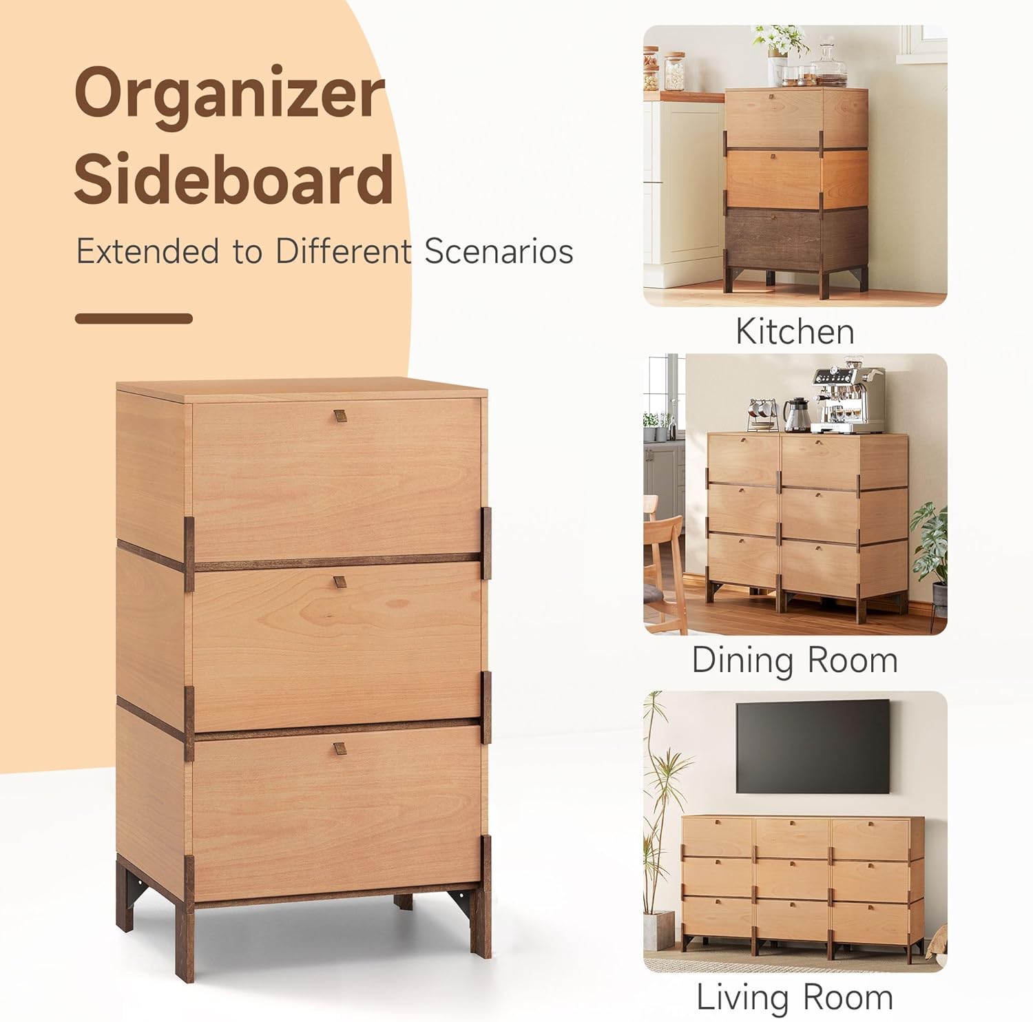 Sebastack Sideboard, Buffet Cabinet with 3 Storage Drawers, Easy Assembly Coffee Bar Wood Buffet Table for Kitchen, Dining Room, Bathroom, Office, Hallway, Beech Color (1 pcs)