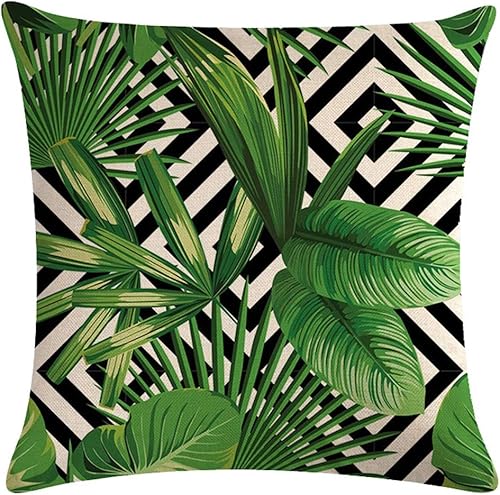Miniatura 2 de Paquete de 2 fundas de almohada de hojas verdes tropicales con fondo geométrico, decorativas para el hogar, fundas de cojín cuadradas de algodón y