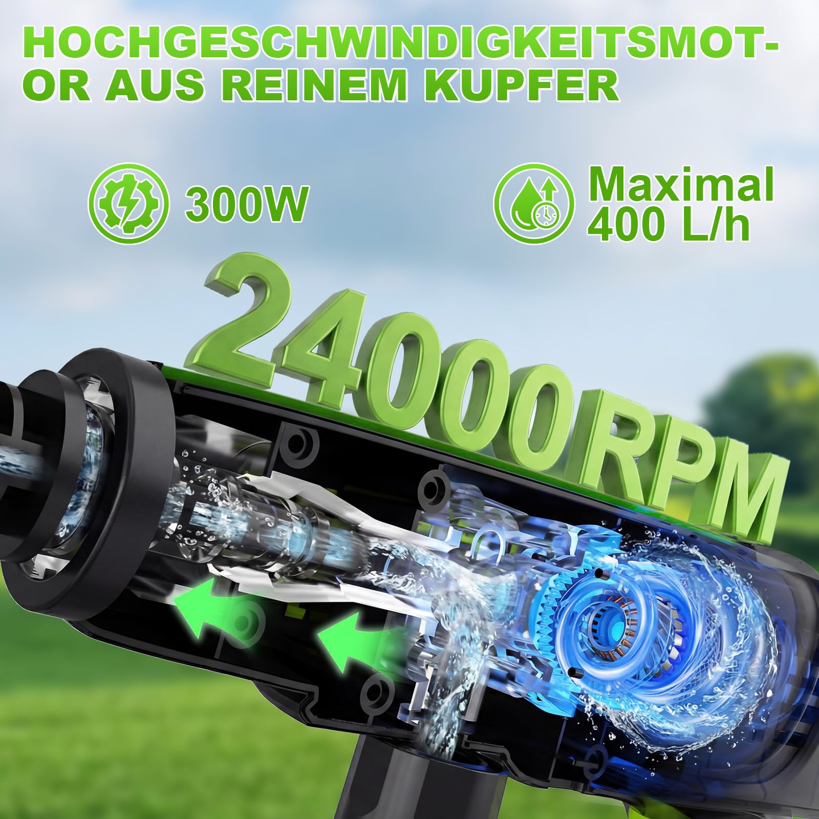 VOERJIA Akku-Hochdruckreiniger 21V 70 Bar 2x 4,0 Ah Akkus 400 L/h 6-in-1 Düse Grün