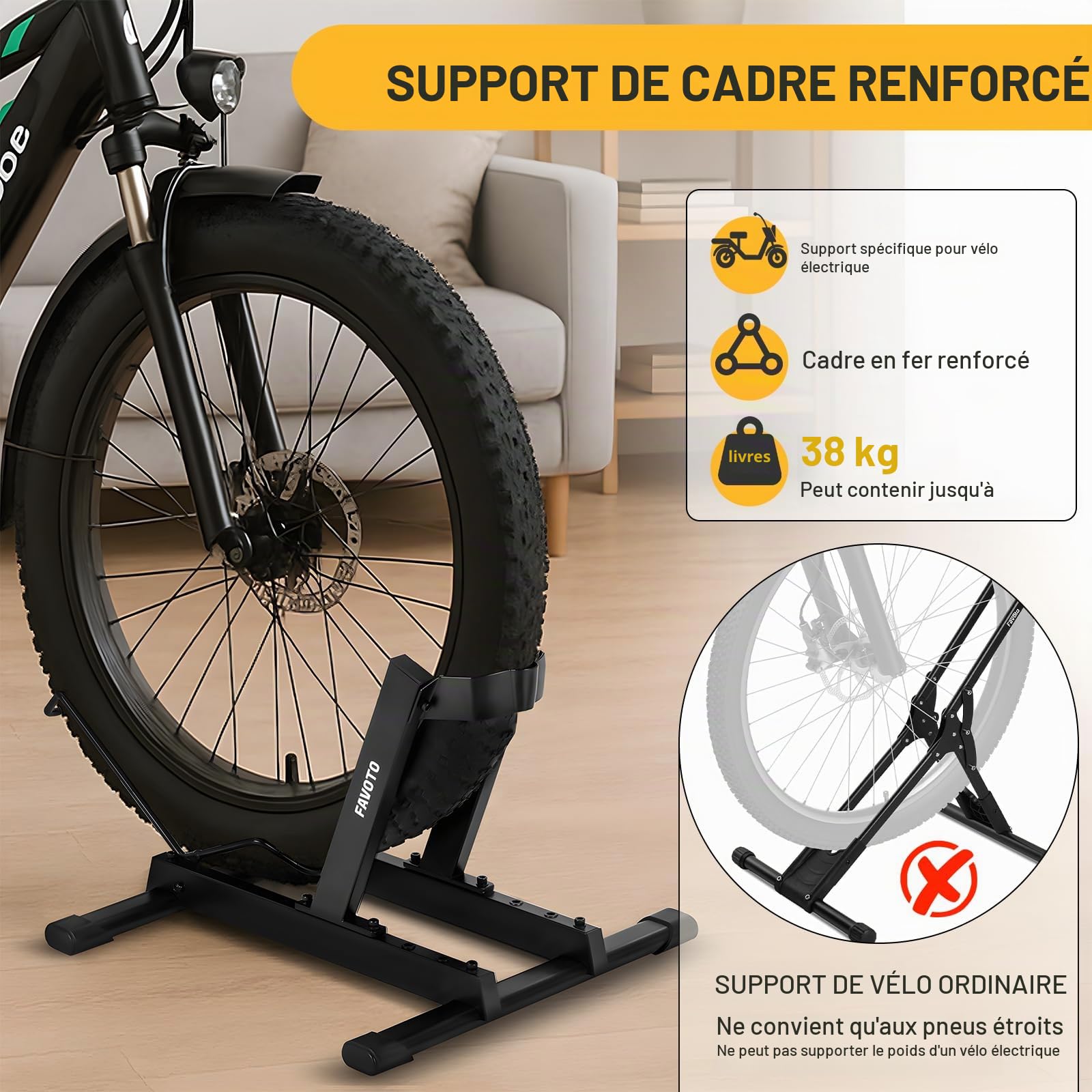 Favoto Support pour E-Bike et Vélo de Route - Support de Sol pour Vélos Électriques et Vélos de 20-29 Pouces de Route Course Montagne VTT Charge Maximale 38kg Noir | Vélos Électriques, 20-29 Pouces, Route Course Montagne VTT, Charge Maximale 38kg, Noir