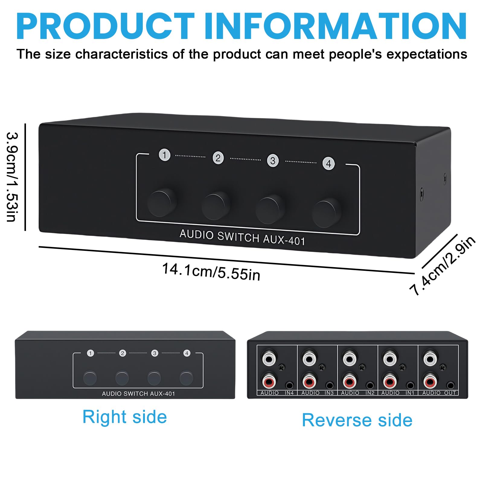 Interruptor de audio, interruptor de audio AUX, RCA L/R Audio Switch 4 (1)-In-1(4)-Out, interruptor de audio RCA, 3,5 mm divisor de audio para auriculares, fono, altavoces