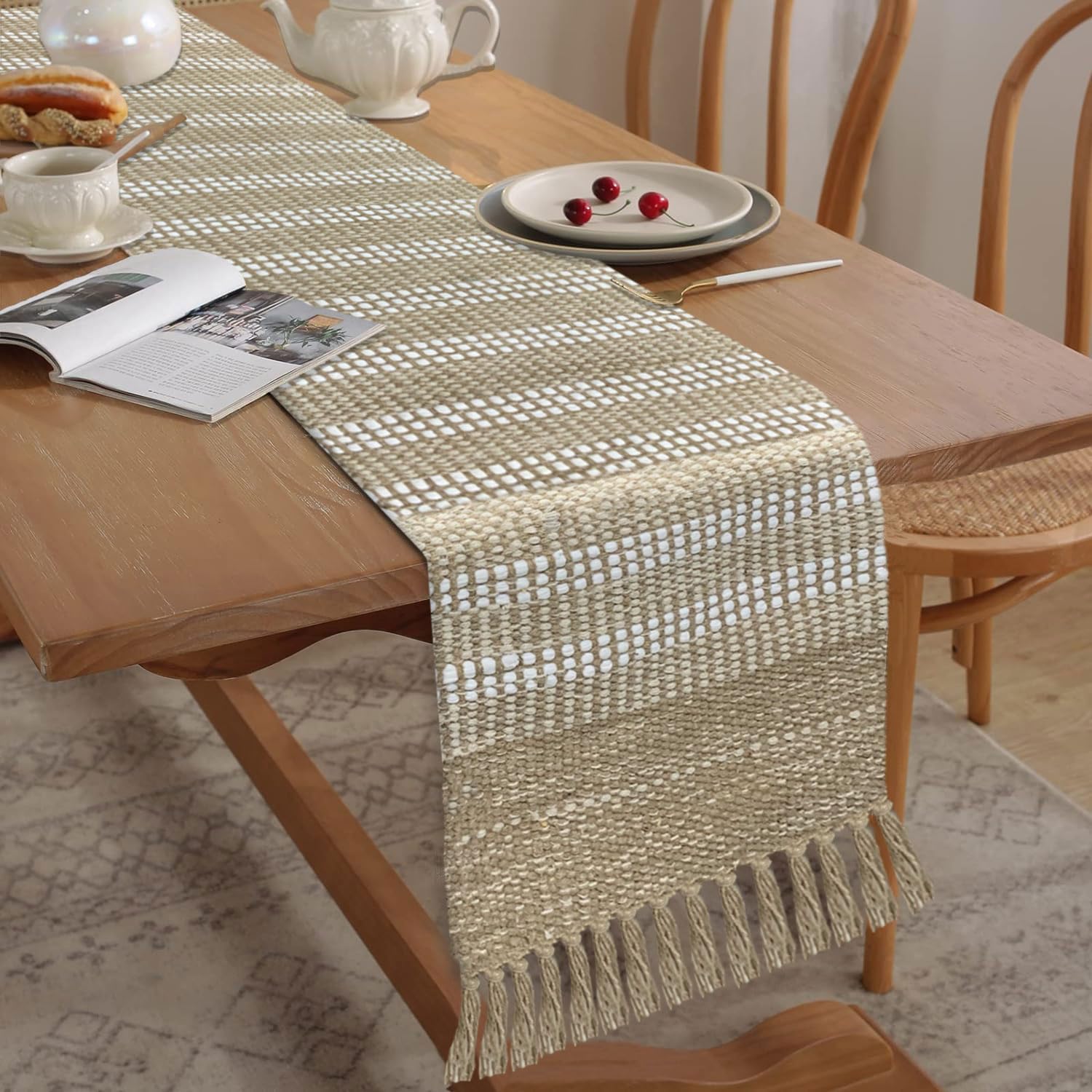 Luxe Home Elegant Beige and White Woven Table Runner with Tassels - Mix Cotton Jute 13 x 72 Inch, Stripe - Perfect for Dining Table, Center Table, Décor