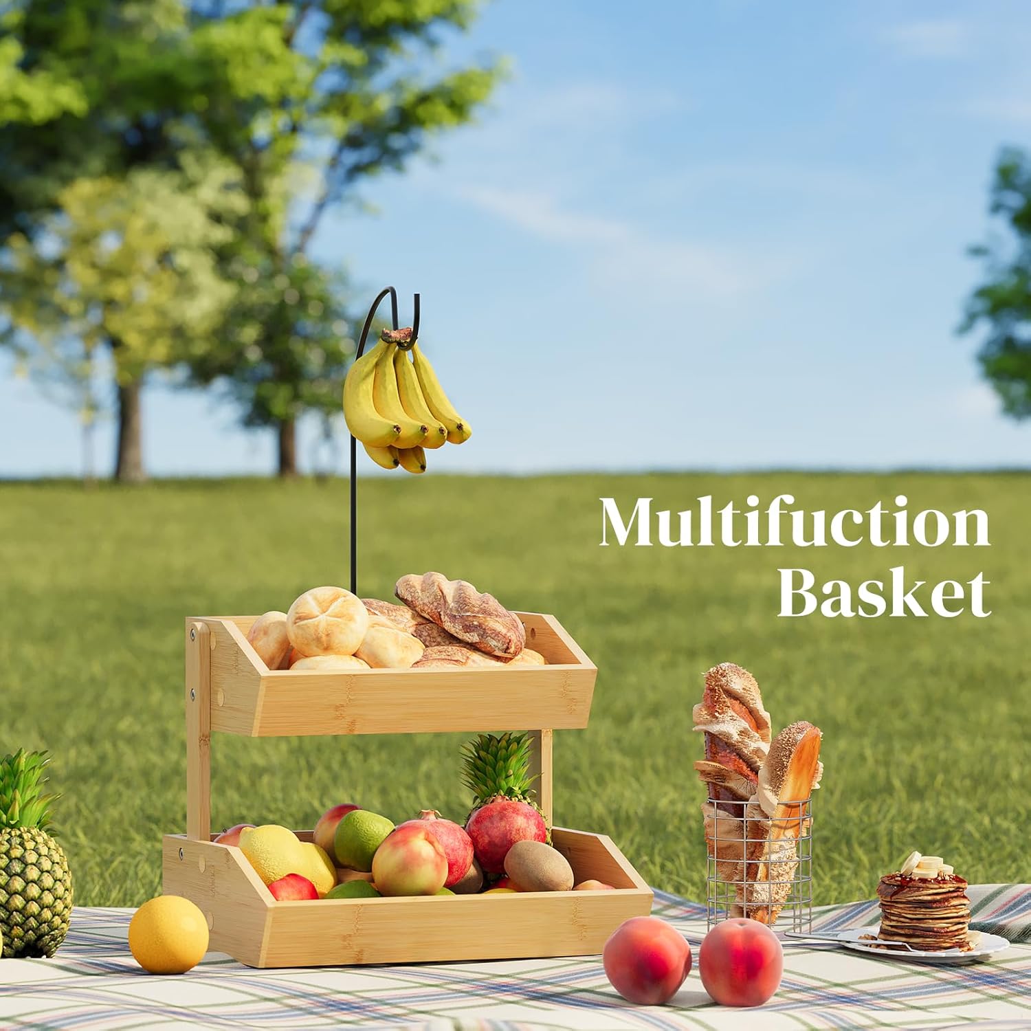 Bamboo Fruit Basket, Fruit Holder With Banana Hanger, Fruit Bowl, Kitchen Counter For Fruit and Vegetable Storage, Bread Basket, Snack Organizer Holds (Natural, 2-Tier)