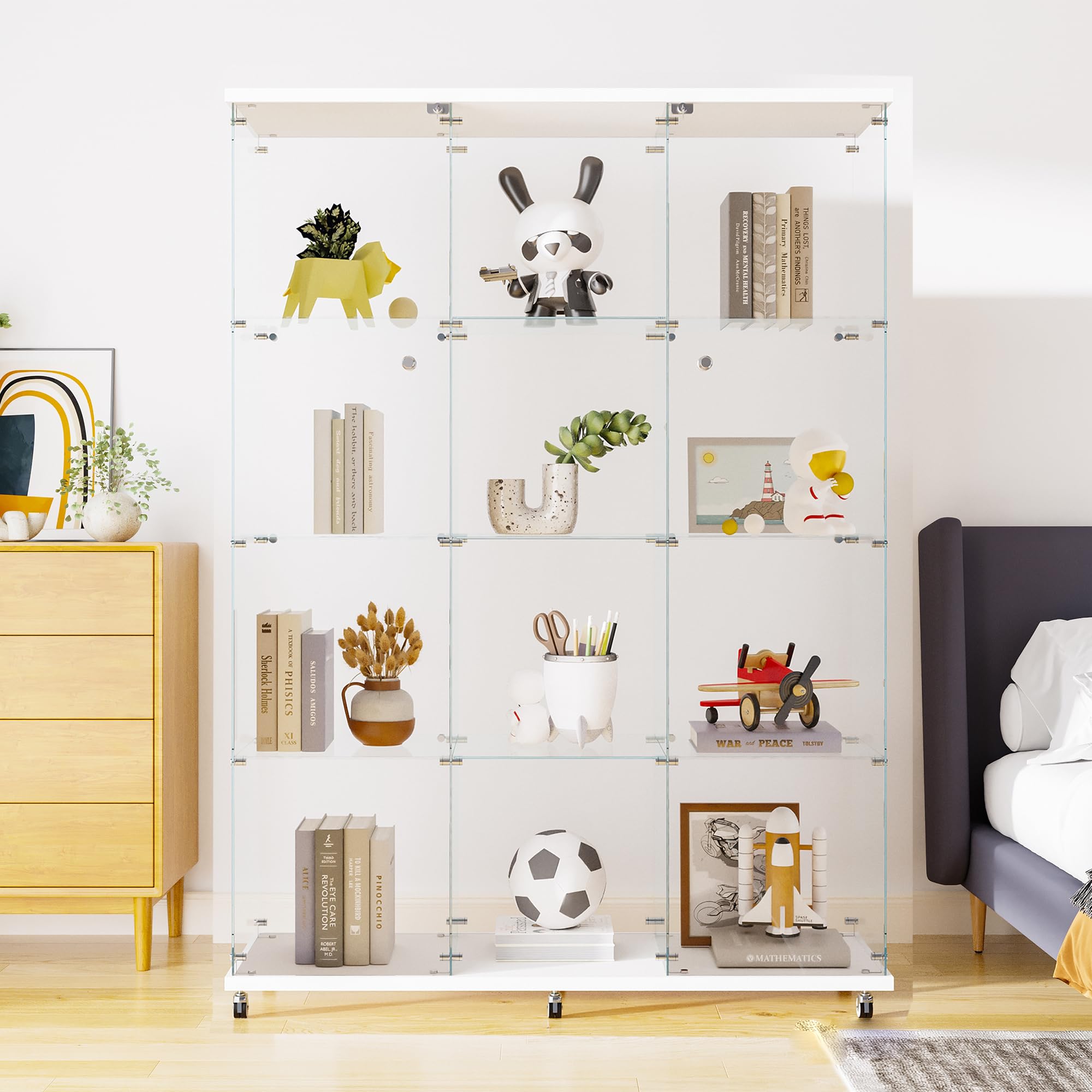 LFT HUIMEI2Y Glass Display Cabinet 12 Shelves with 3 Columns and Lock, Extra Large DIY Curio Cabinets Quick-Install Style 5mm Tempered Glass Floor Standing Bookshelf for Living Room, Kitchen White
