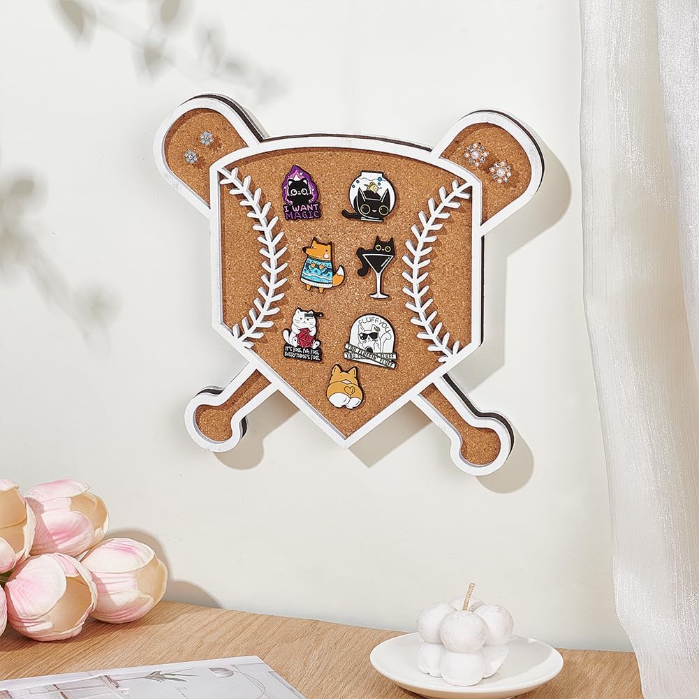 NBEADS Pin Display Cork Tray, Wooden Baseball Shape Wall Mounted Brooch Board Bulletin Display Board for Brooch Pin Storage, Office Home Festival Decor, 8.46X7.87 inch