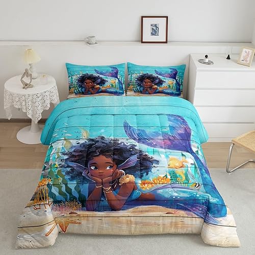 Miniatura 2 de Juego de edredón de sirena negra para niños, tamaño Queen, ropa de cama de princesa sirena azul africana, regalo para niños y adultos, regalo de