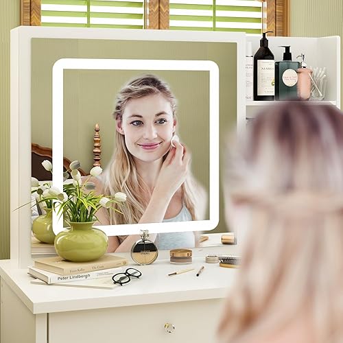 Miniatura 3 de AGOTENI Juego de tocador grande con espejo, 5 cajones y estantes, tocador y taburete acolchado (espejo iluminado deslizante blanco)