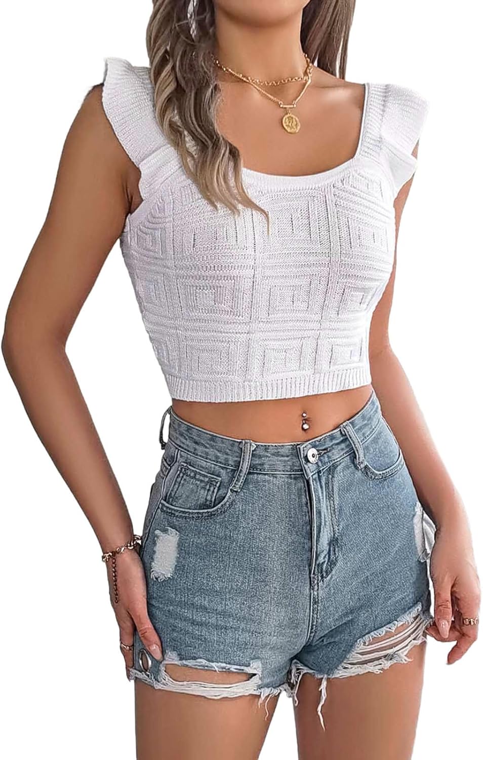 Tank Tops for Women Trendy Summer Beach Vacation Tanktop Wears Cute Sleeveless Crop Casual Knit Ruffle Blouse 2026